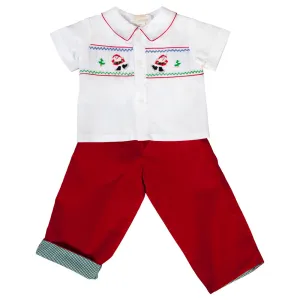 Ice Skating Santa Smocked White/Red Pants Set