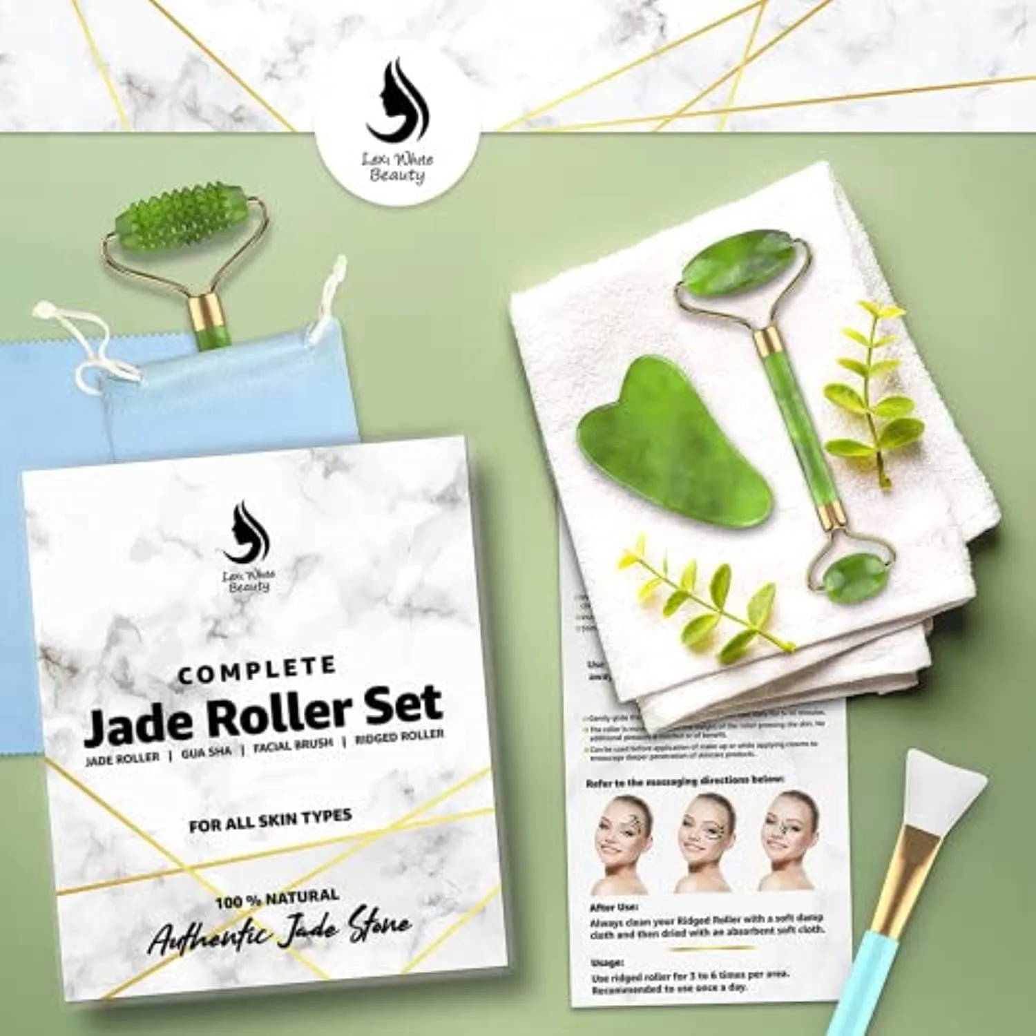 Jade Roller for Face, Jade Gua Sha 4 in 1 Set Gua Sha SkinCare Face Roller, Gua Sha Facial Tools, Jade Roller & GuaSha Face Massager, Skin Care Tools & Facial Beauty Products, Guasha Tool for Face