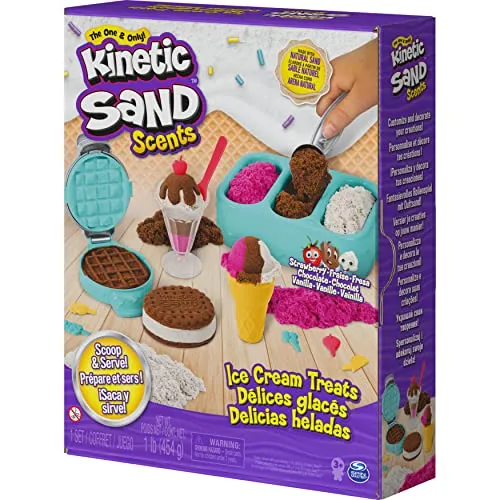 Kinetic Sand Scents, Ice Cream Treats Playset with 3 Colors of All-Natural Scented Play Sand and 6 Serving Tools, Sensory Toys for Kids Ages 3 and up