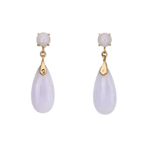 Lavender Jade Drop Earrings Vintage 14k Yellow Gold Pear Shaped Estate Jewelry