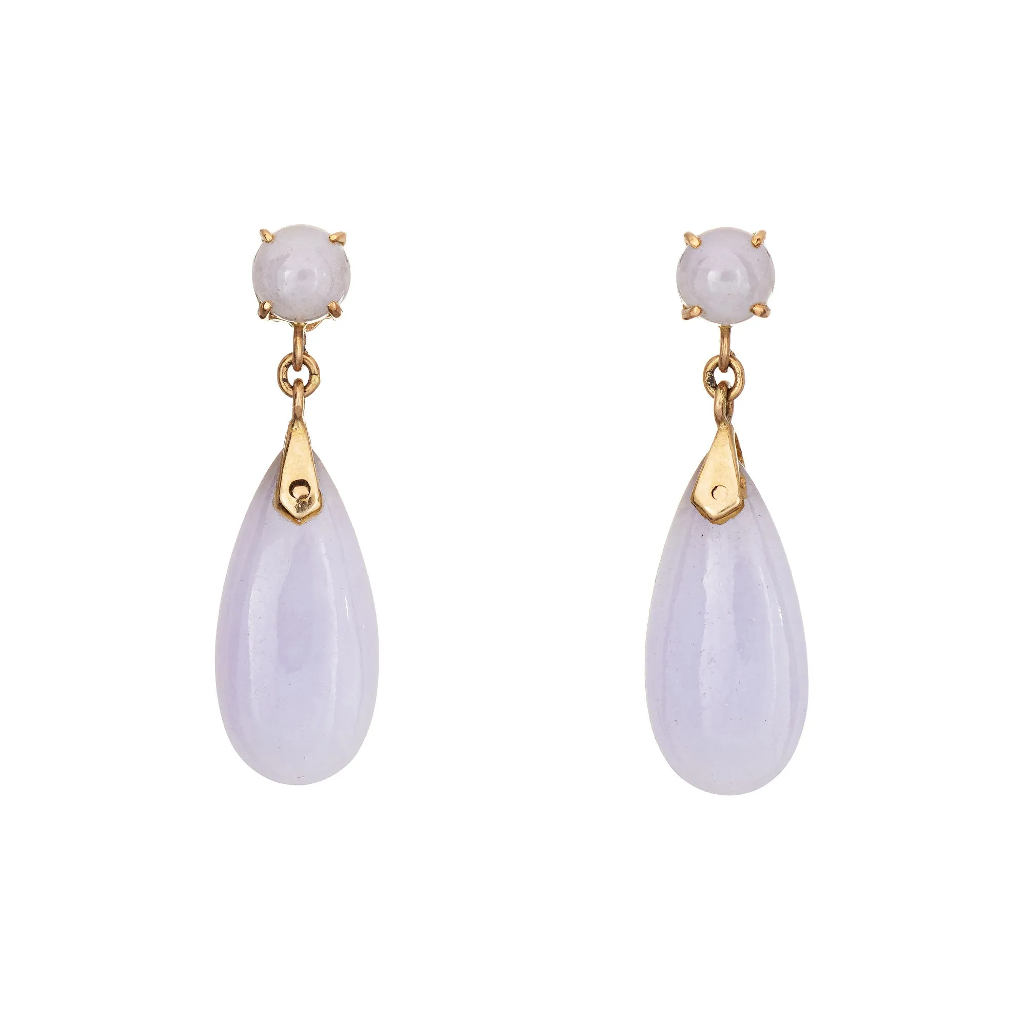 Lavender Jade Drop Earrings Vintage 14k Yellow Gold Pear Shaped Estate Jewelry