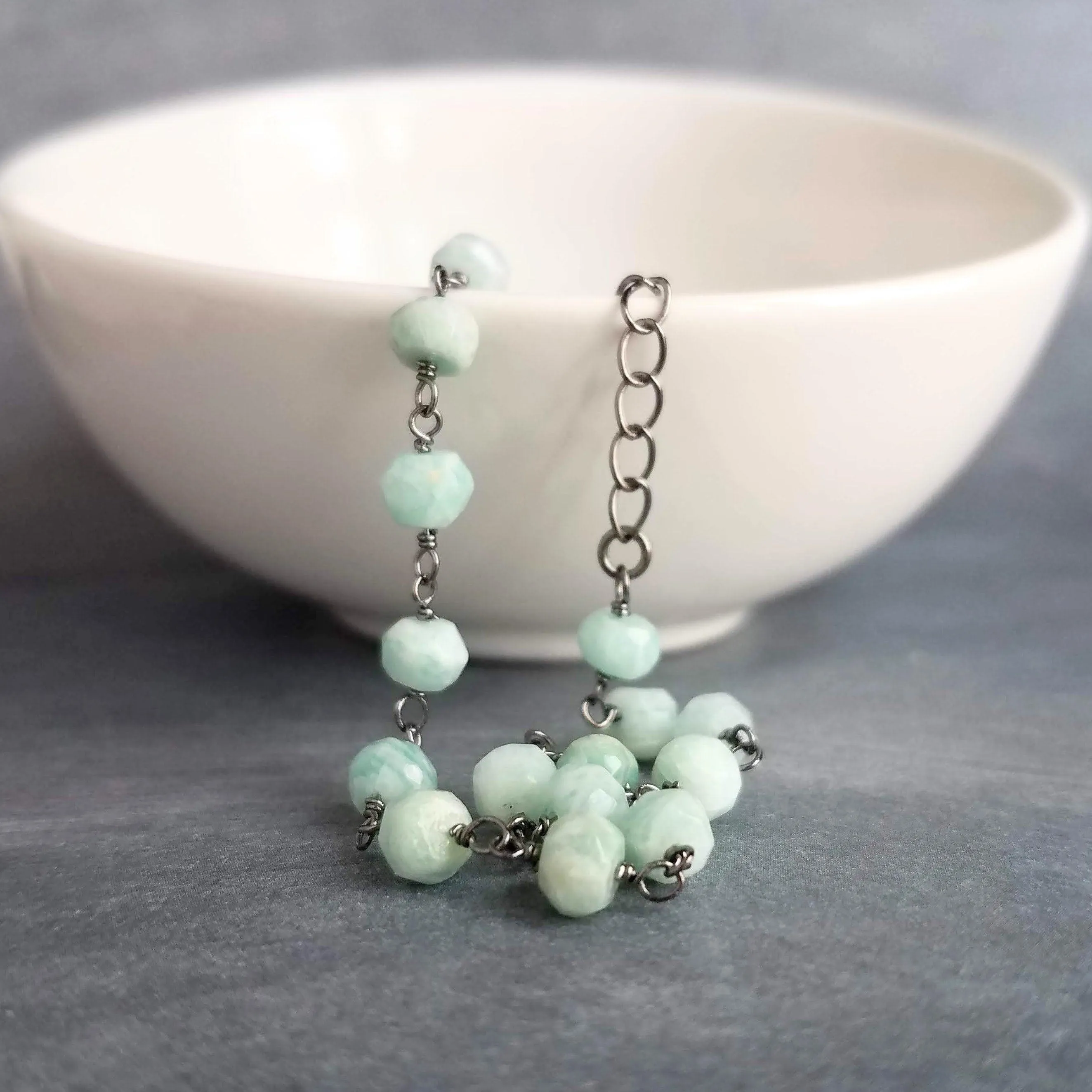 Light Blue Stone Bracelet, Amazonite jewelry, pale blue gemstone bracelet, rosary chain bracelet gunmetal chain bracelet tiny small delicate