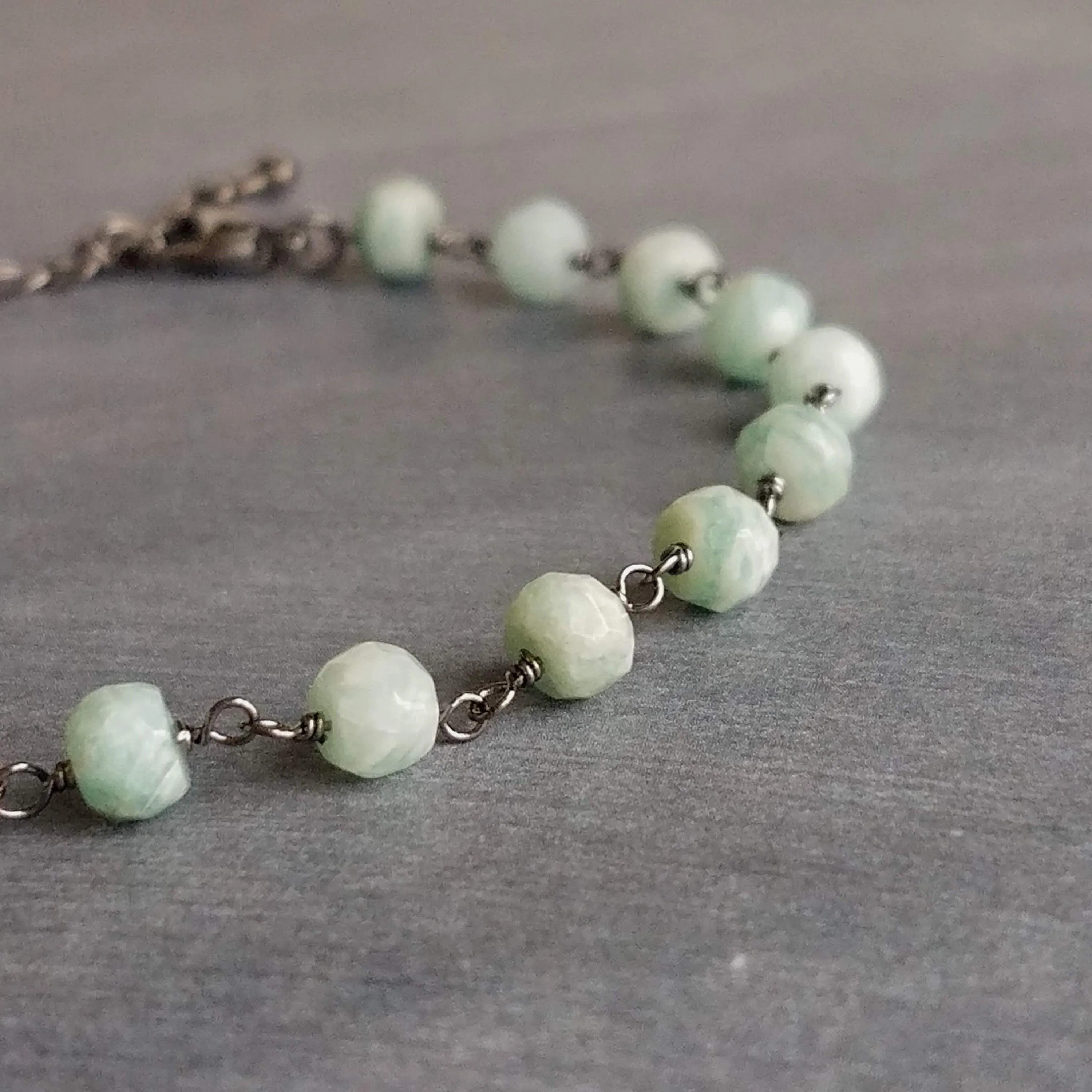 Light Blue Stone Bracelet, Amazonite jewelry, pale blue gemstone bracelet, rosary chain bracelet gunmetal chain bracelet tiny small delicate