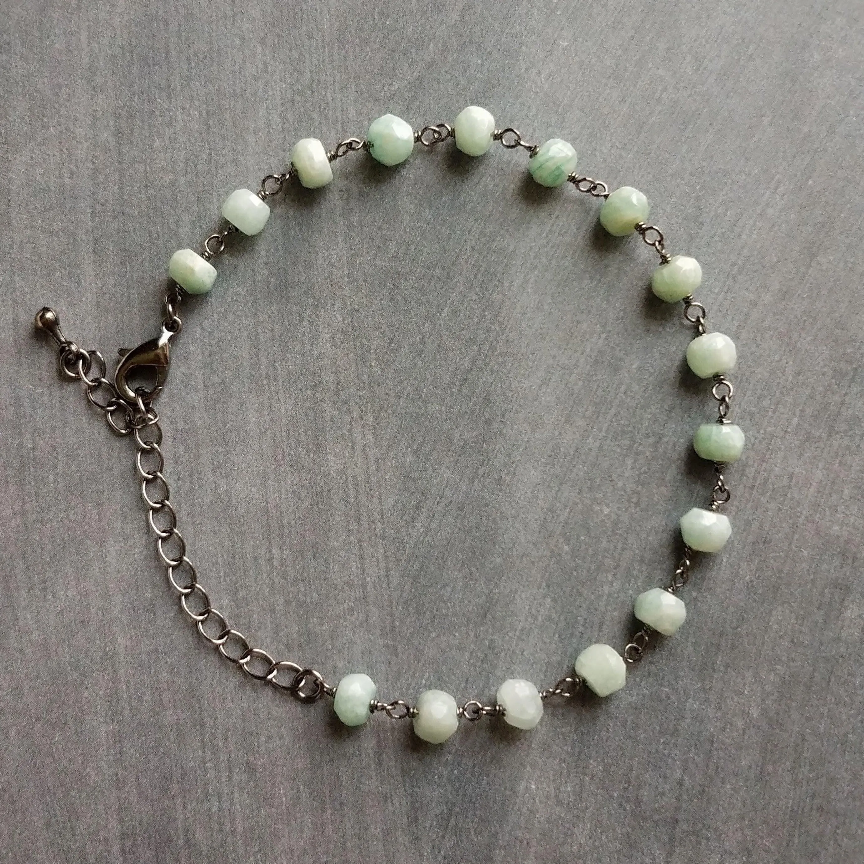 Light Blue Stone Bracelet, Amazonite jewelry, pale blue gemstone bracelet, rosary chain bracelet gunmetal chain bracelet tiny small delicate