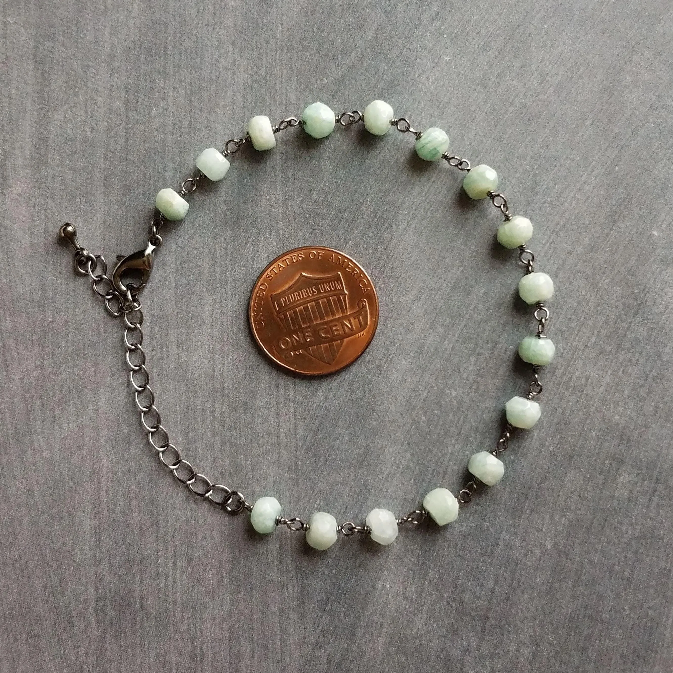 Light Blue Stone Bracelet, Amazonite jewelry, pale blue gemstone bracelet, rosary chain bracelet gunmetal chain bracelet tiny small delicate