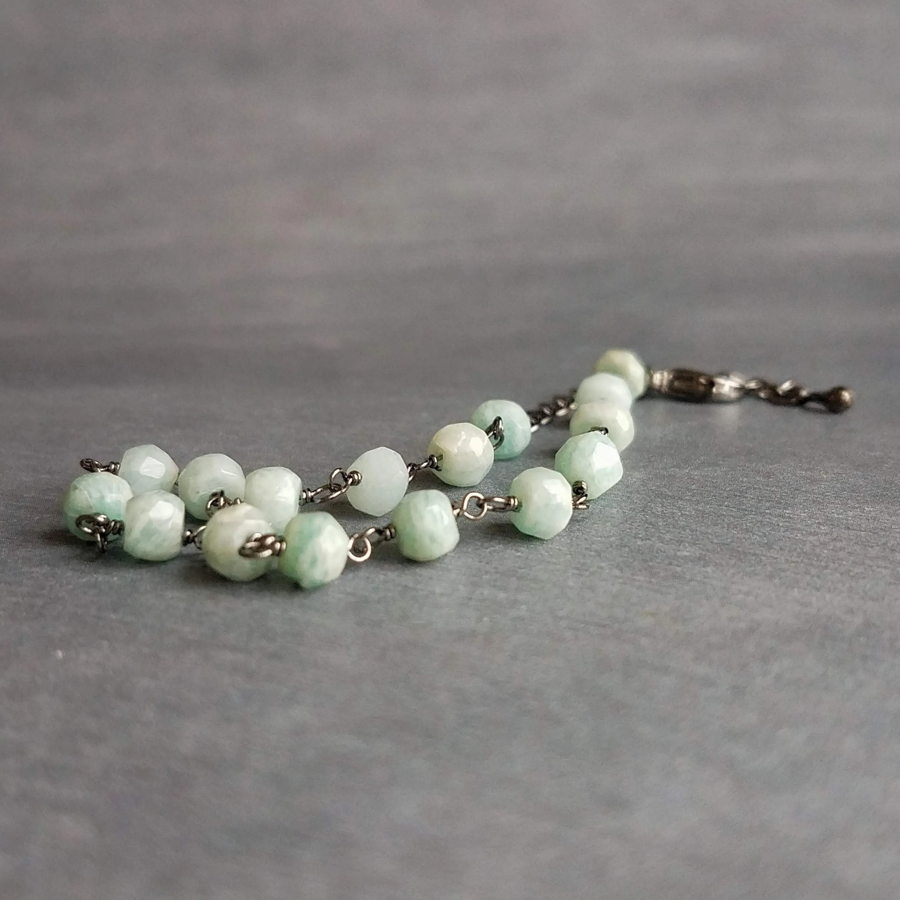 Light Blue Stone Bracelet, Amazonite jewelry, pale blue gemstone bracelet, rosary chain bracelet gunmetal chain bracelet tiny small delicate