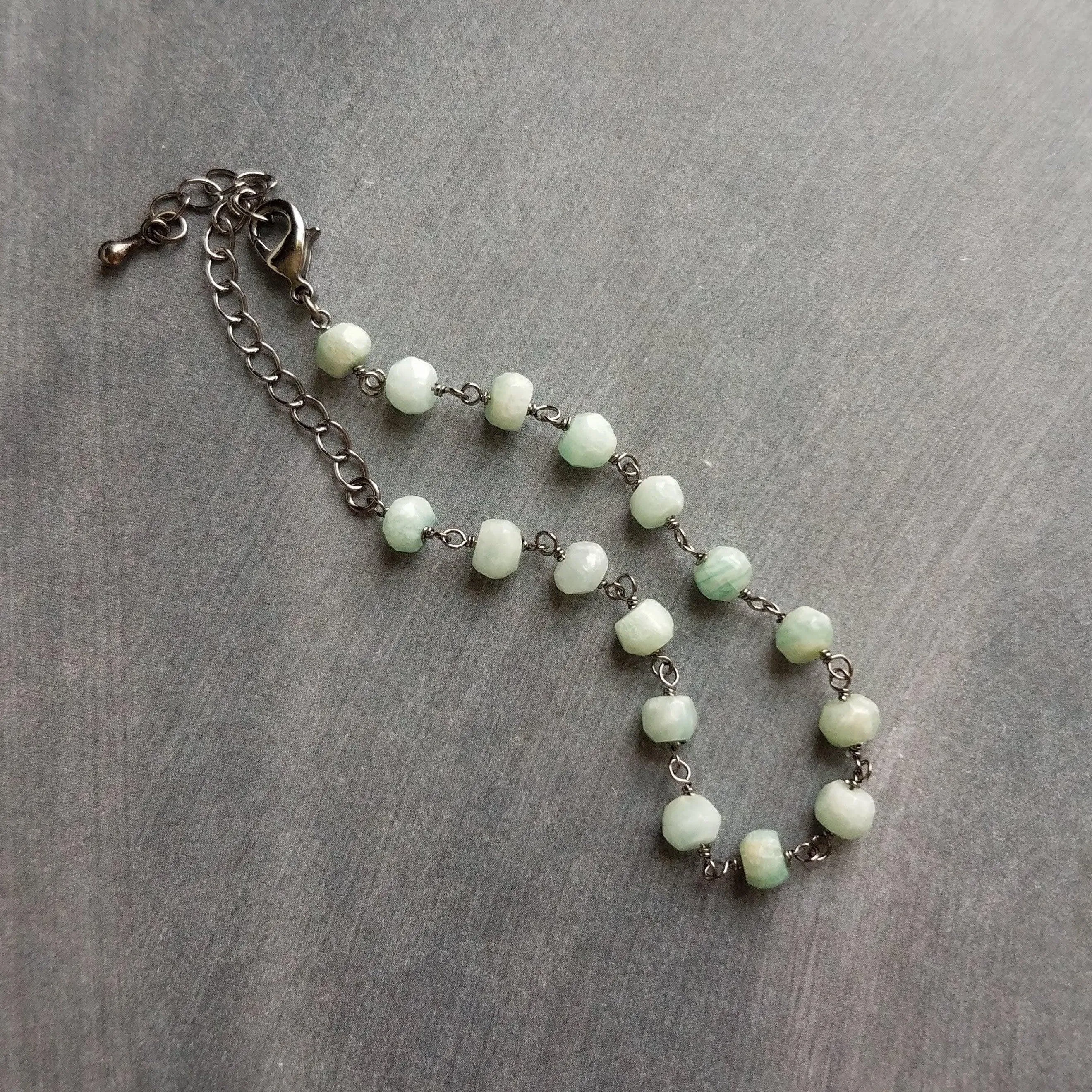 Light Blue Stone Bracelet, Amazonite jewelry, pale blue gemstone bracelet, rosary chain bracelet gunmetal chain bracelet tiny small delicate