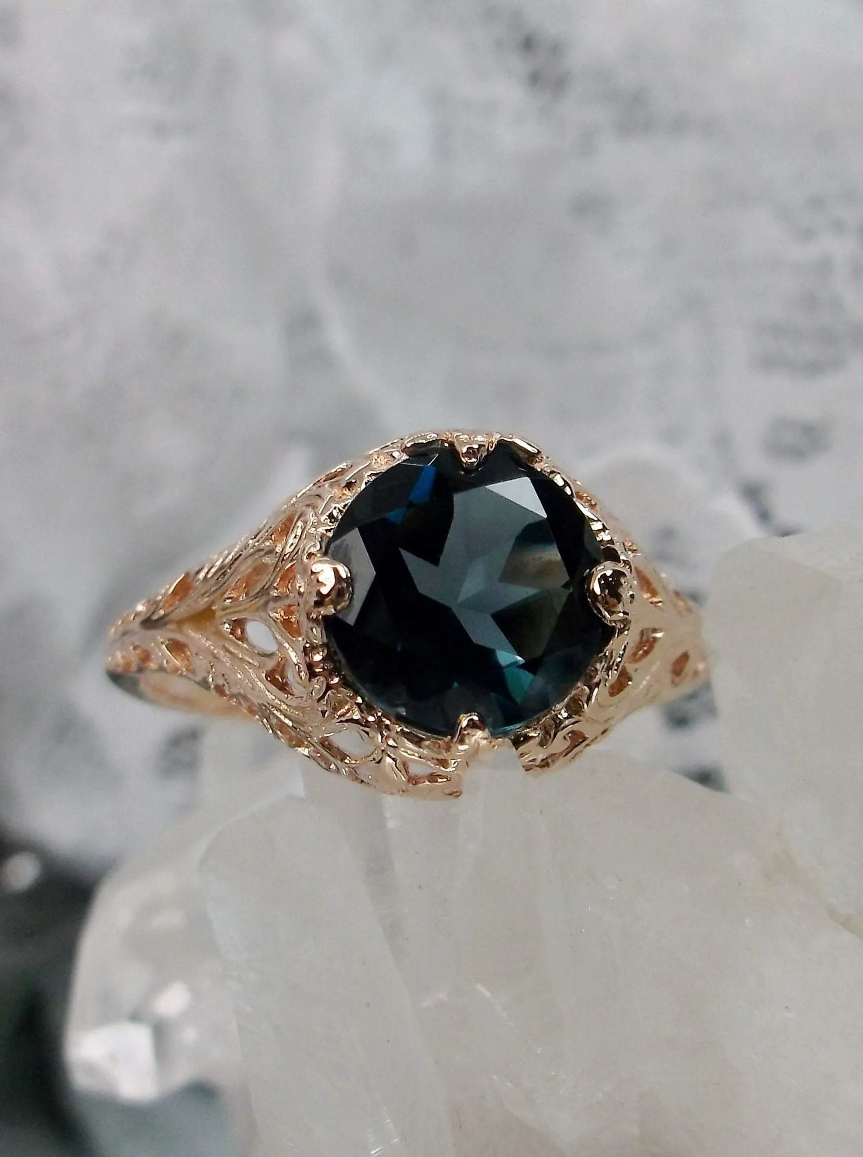 London Blue Topaz Ring, Natural Gemstone, Rose Gold, Victorian Jewelry #D198
