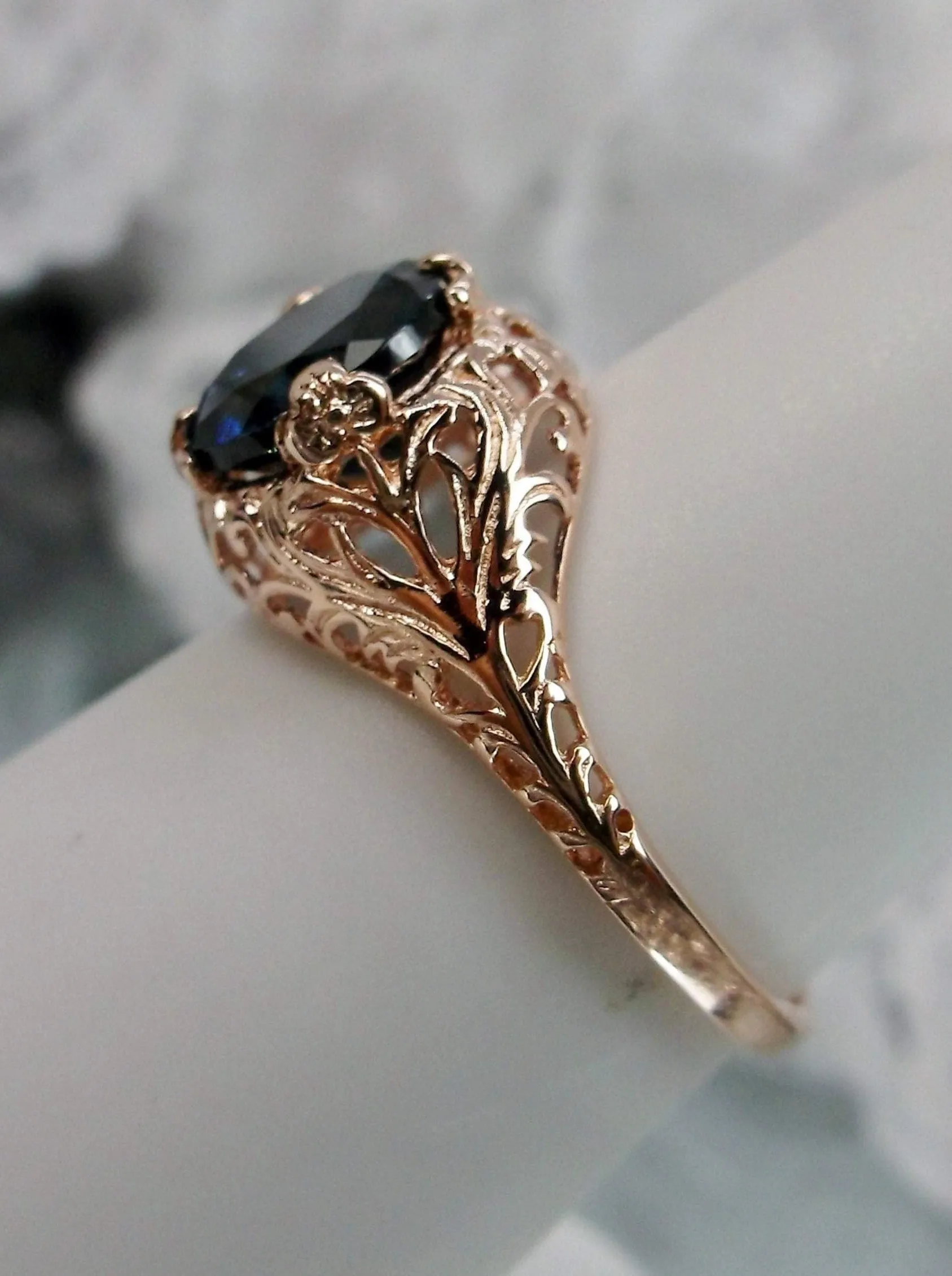 London Blue Topaz Ring, Natural Gemstone, Rose Gold, Victorian Jewelry #D198