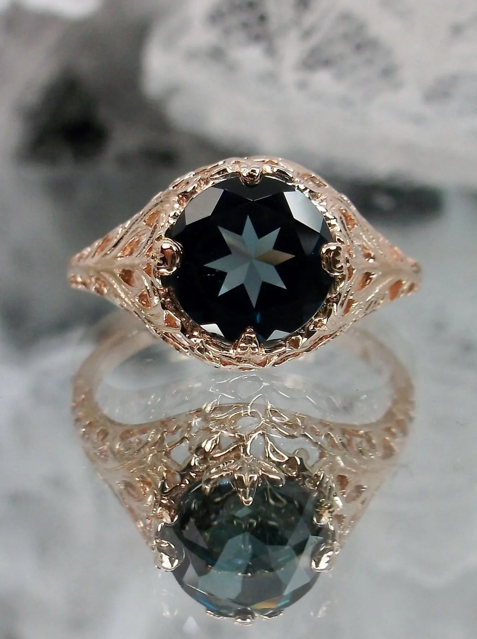 London Blue Topaz Ring, Natural Gemstone, Rose Gold, Victorian Jewelry #D198