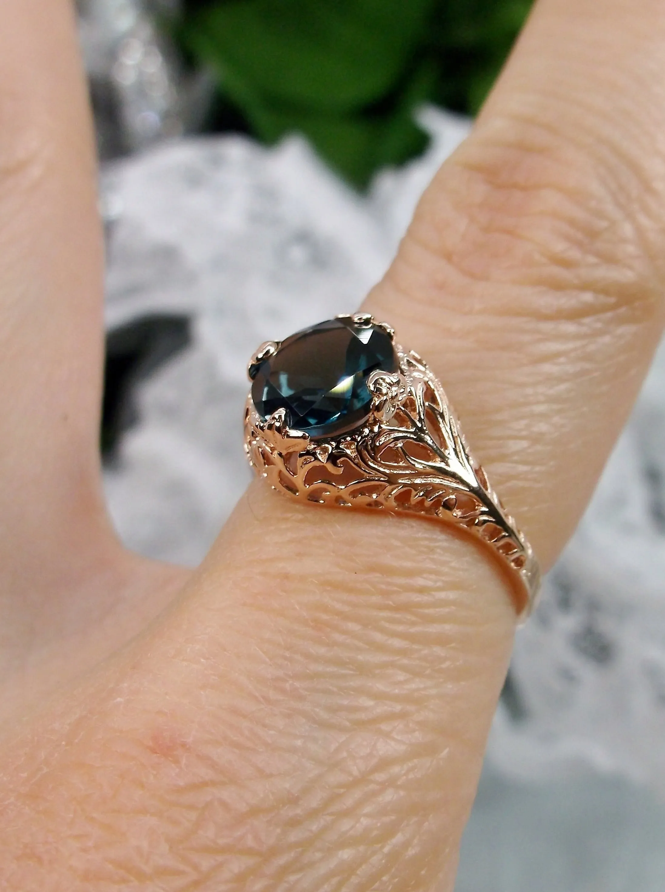 London Blue Topaz Ring, Natural Gemstone, Rose Gold, Victorian Jewelry #D198