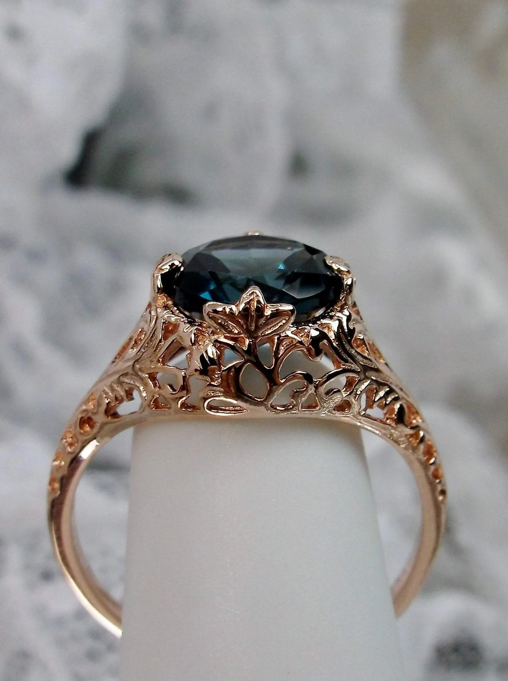 London Blue Topaz Ring, Natural Gemstone, Rose Gold, Victorian Jewelry #D198
