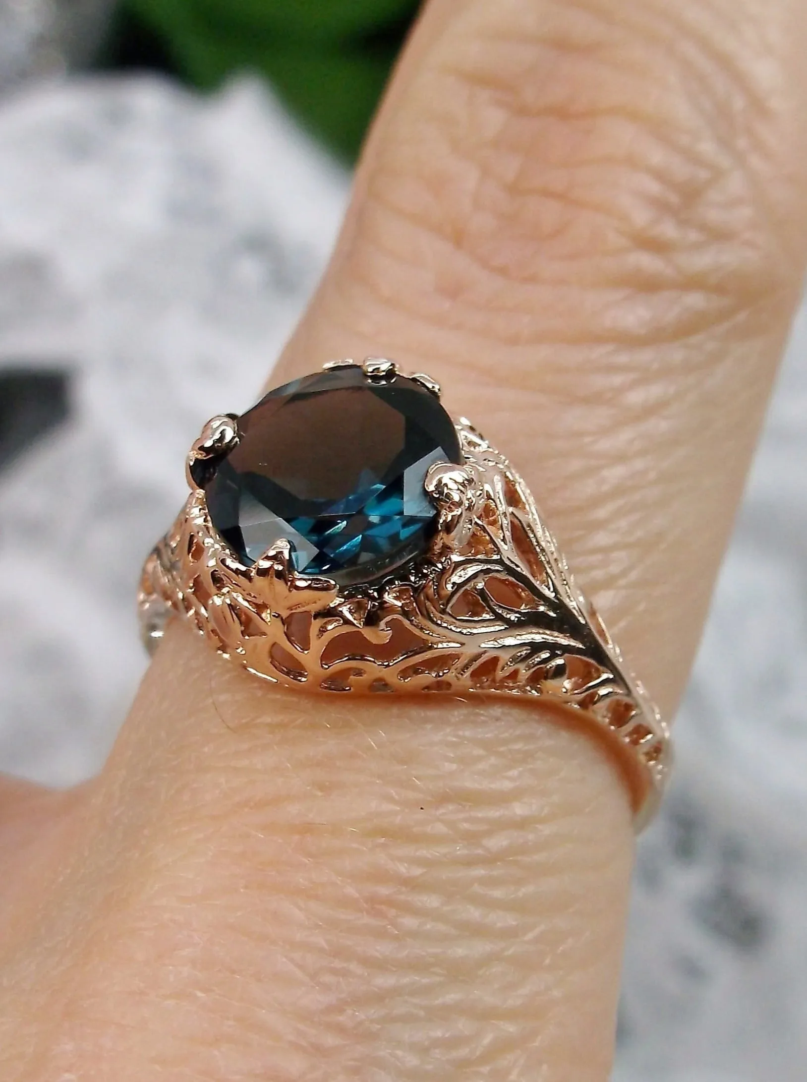 London Blue Topaz Ring, Natural Gemstone, Rose Gold, Victorian Jewelry #D198