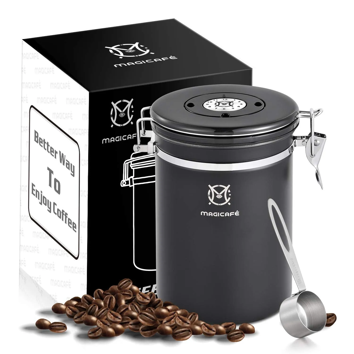 Magicafé Airtight Coffee Container Canister - Co2 Valve Airscape Coffee Bean Grounds Storage Container Large Black 21oz