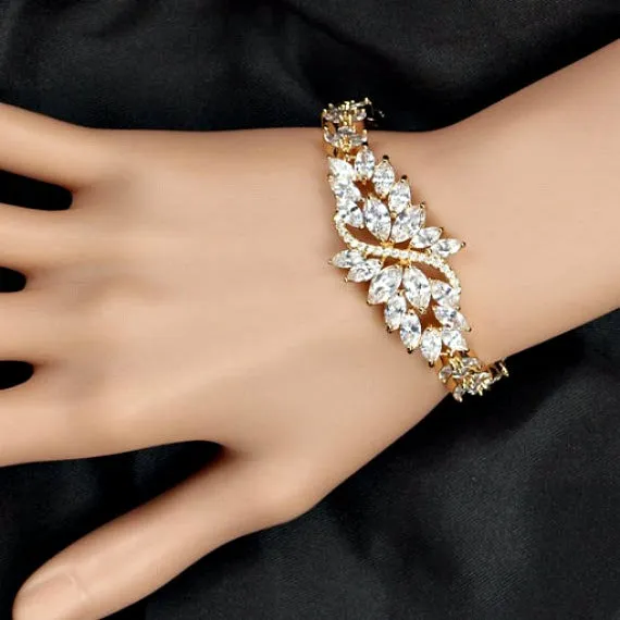 Marquise Cut Cubic Zirconia Wedding Bracelet, CZ Crystal Bridal Bracelet, Art Deco Crystal Filigree Bracelet, Link Bracelet, Tennis Bracelet