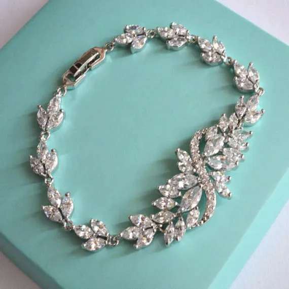 Marquise Cut Cubic Zirconia Wedding Bracelet, CZ Crystal Bridal Bracelet, Art Deco Crystal Filigree Bracelet, Link Bracelet, Tennis Bracelet