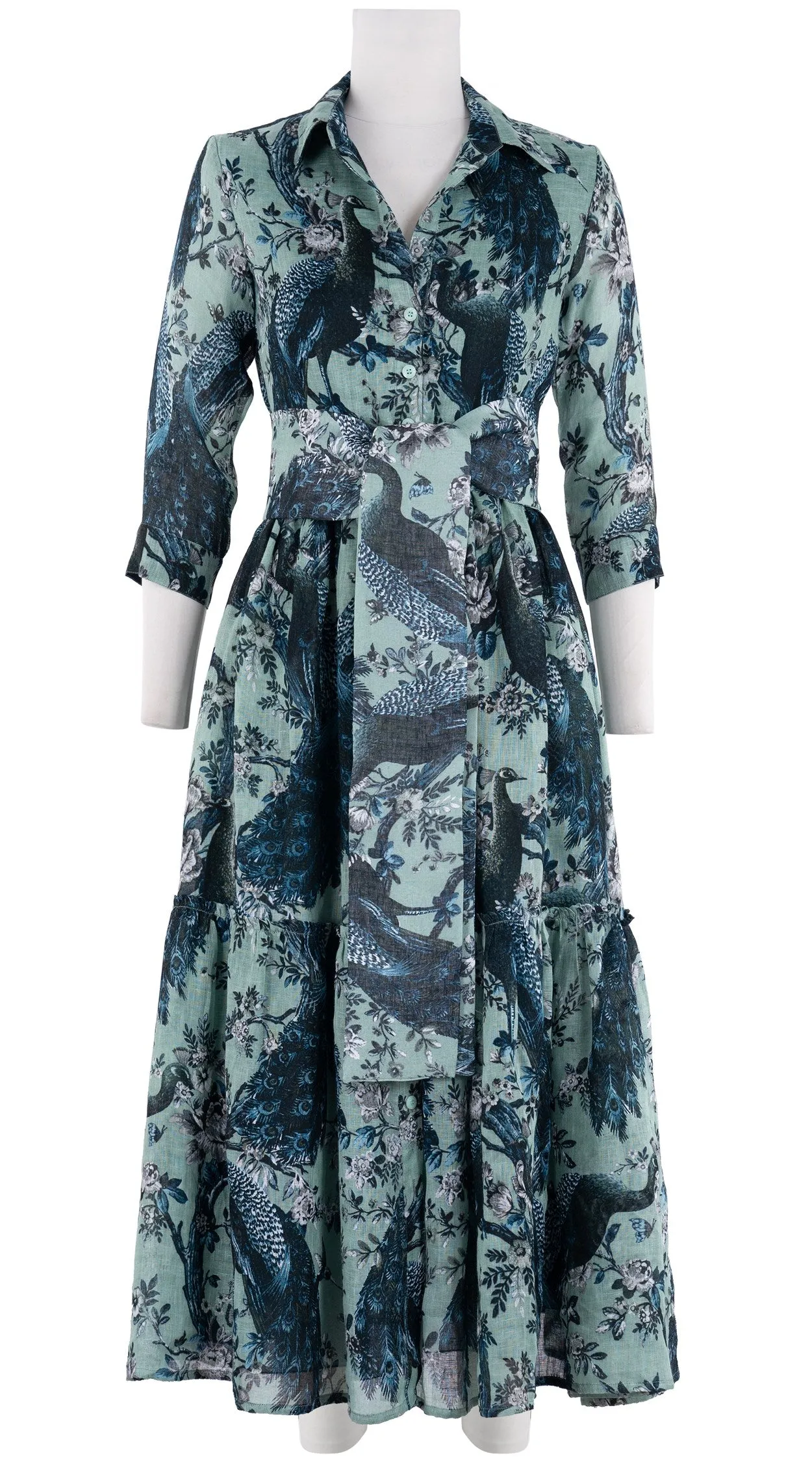 Melanie Dress #2 Shirt Collar 3/4 Sleeve Midi Plus  3 Length Linen (Belvedere Peacok)