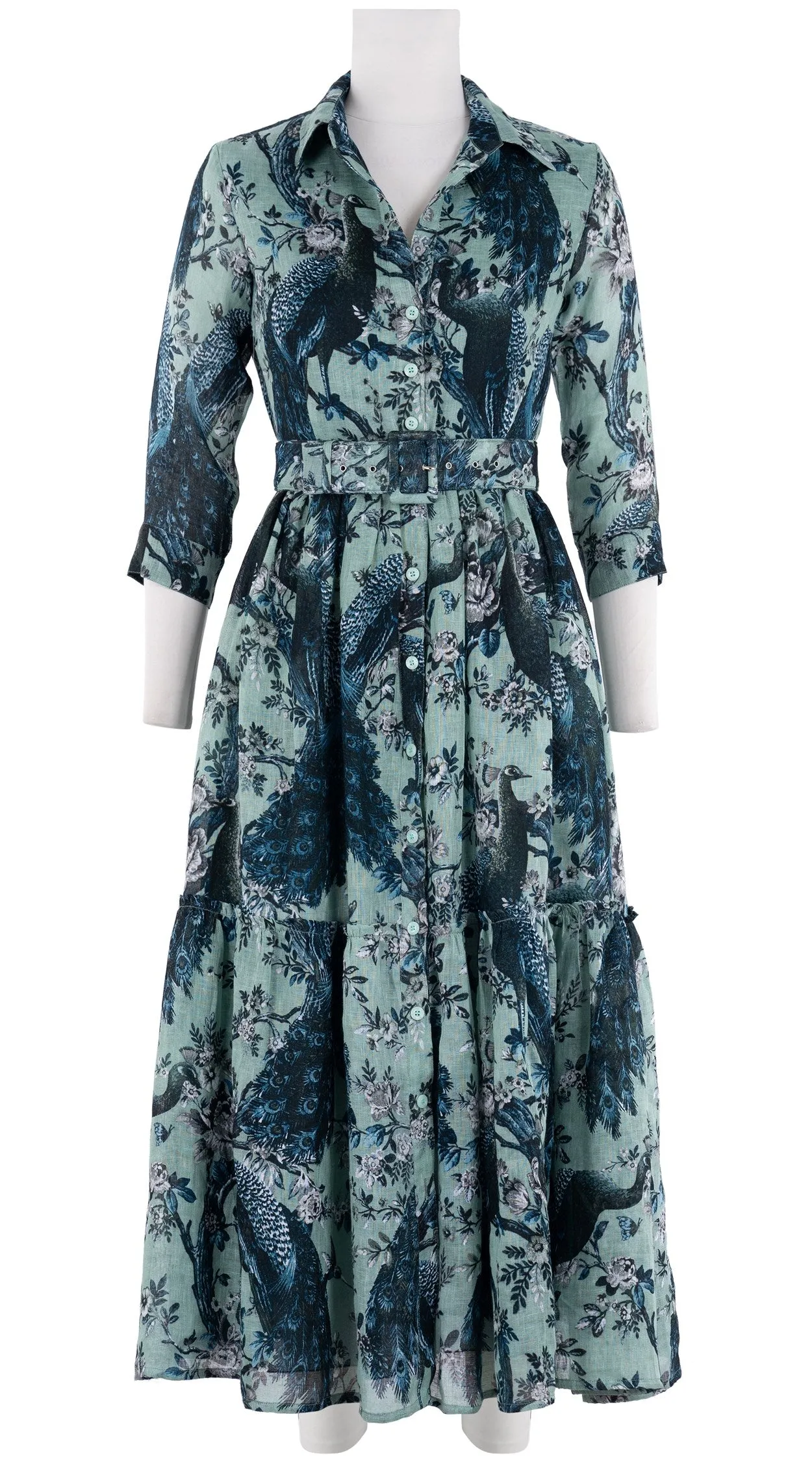 Melanie Dress #2 Shirt Collar 3/4 Sleeve Midi Plus  3 Length Linen (Belvedere Peacok)