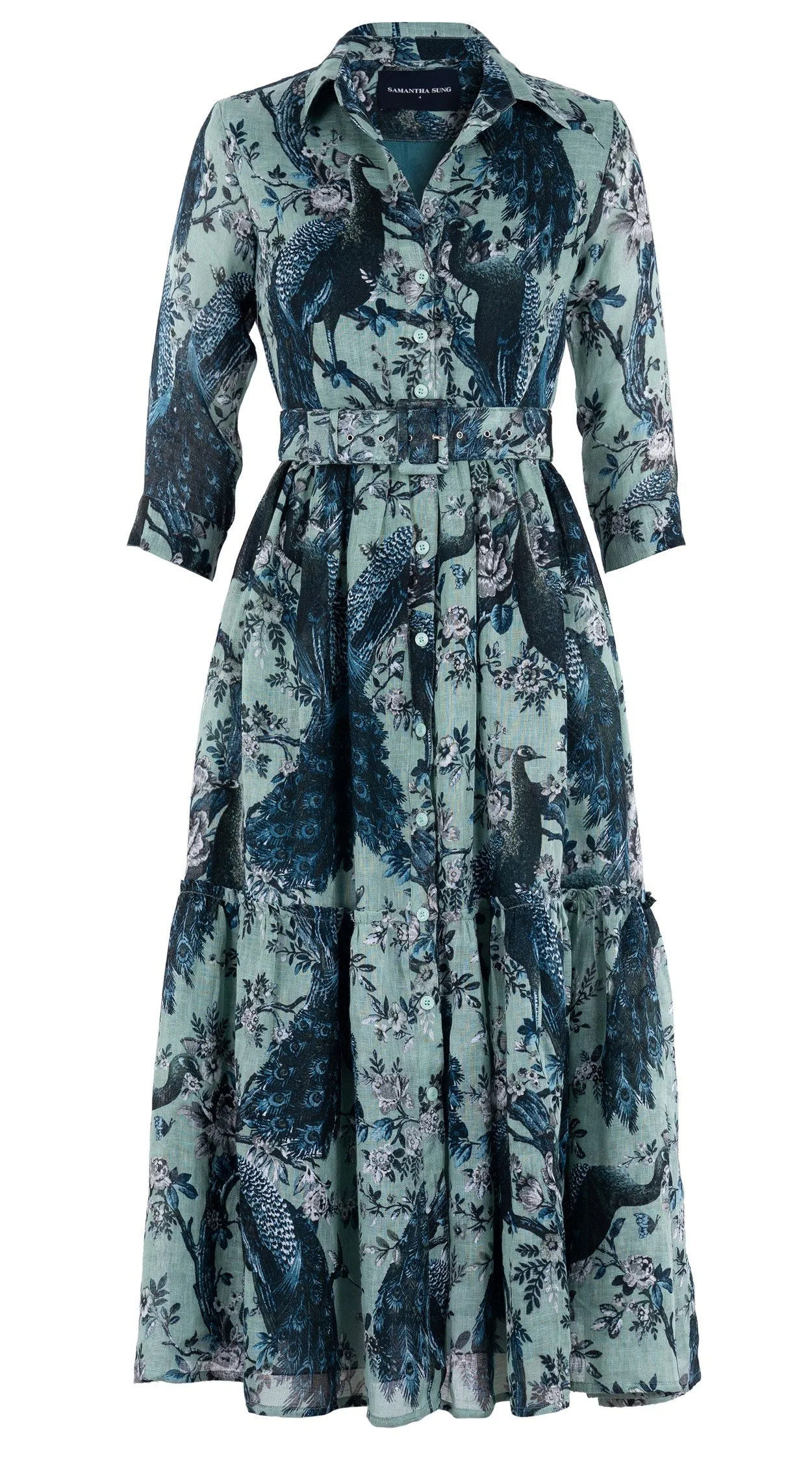 Melanie Dress #2 Shirt Collar 3/4 Sleeve Midi Plus  3 Length Linen (Belvedere Peacok)