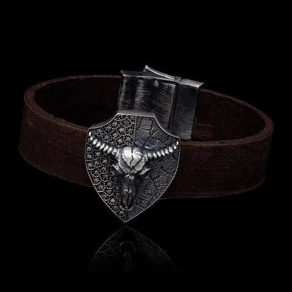 Men’s Sterling Silver Bull with Leather Bracelet