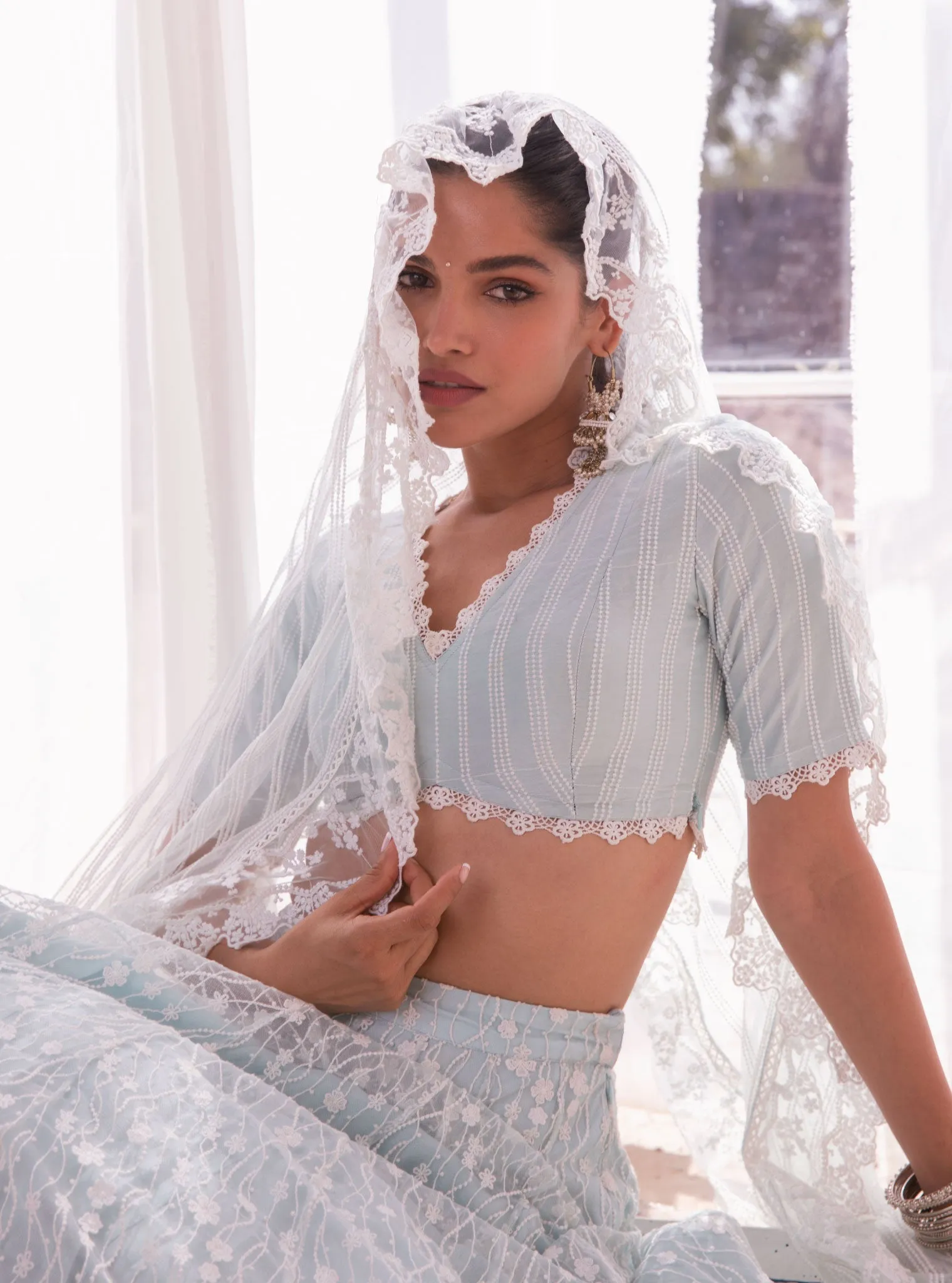 Mulmul Kasauli Blue Net Lehenga