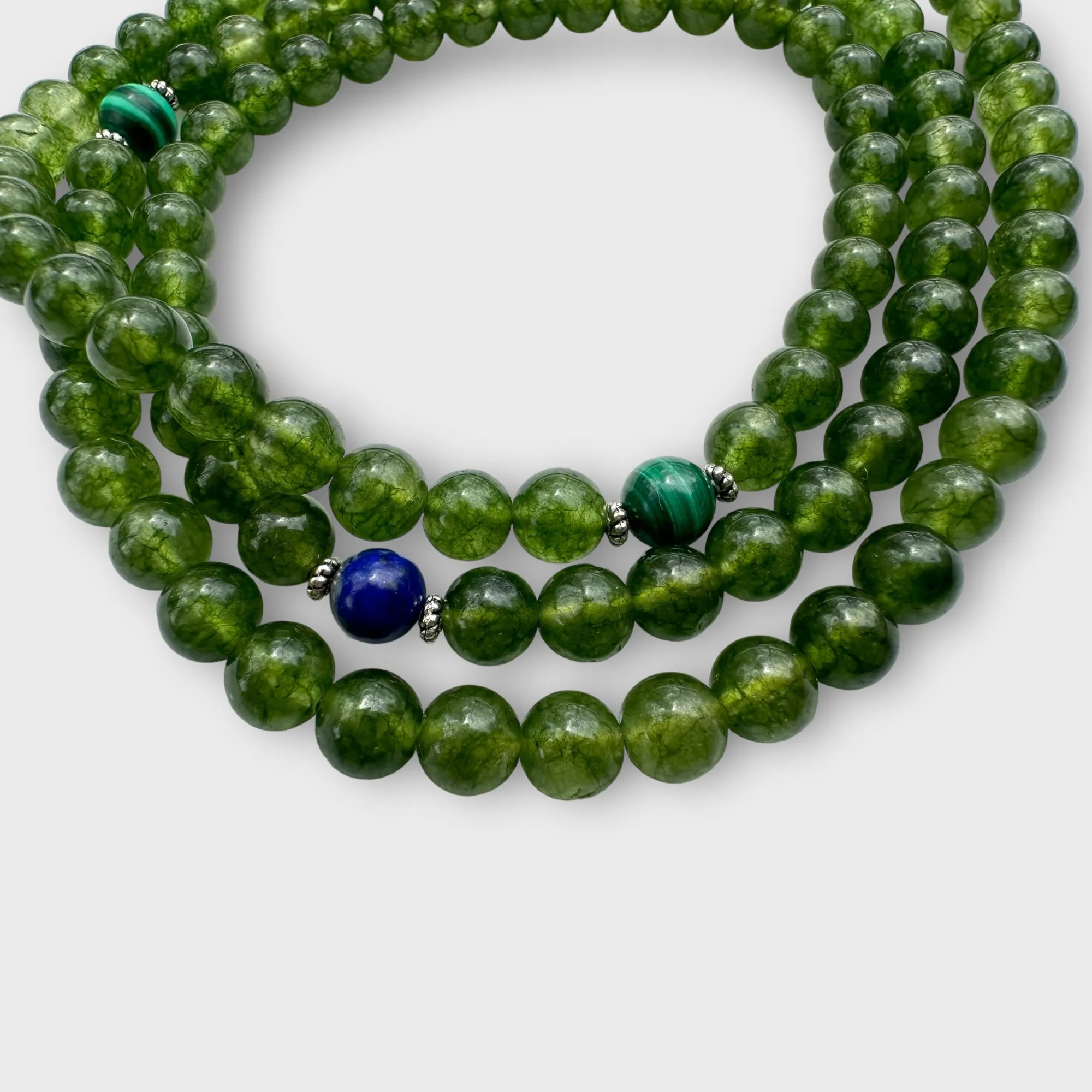 Natural green jade with Lapis and Malachite Spacers