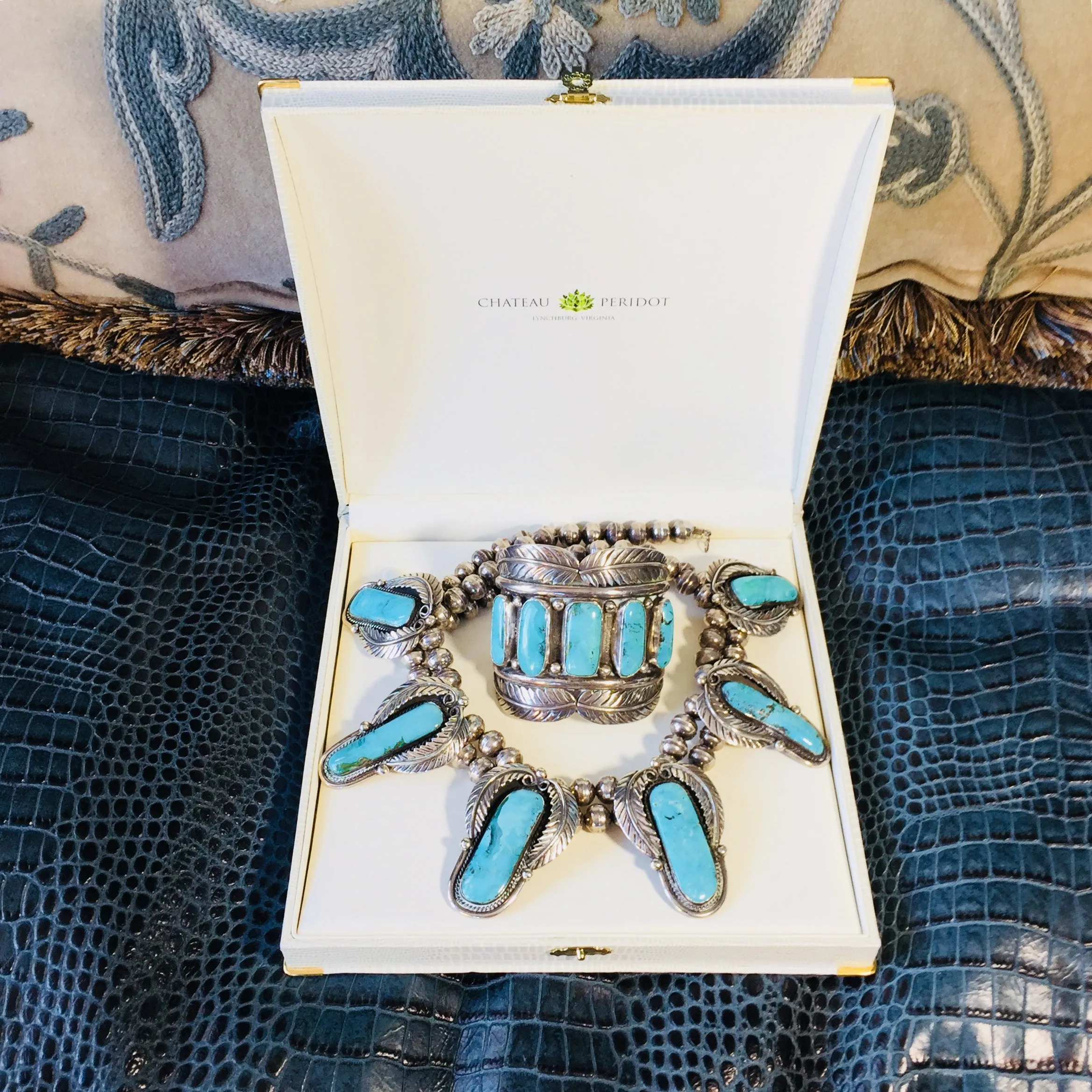 Navajo Antique Pawn Silver and Turquoise Necklace and Cuff Bracelet