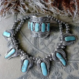 Navajo Antique Pawn Silver and Turquoise Necklace and Cuff Bracelet