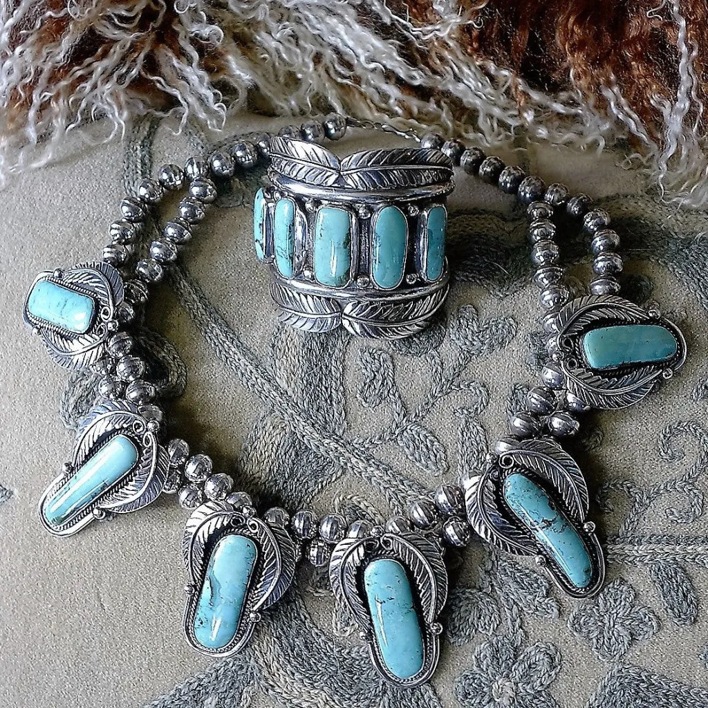 Navajo Antique Pawn Silver and Turquoise Necklace and Cuff Bracelet
