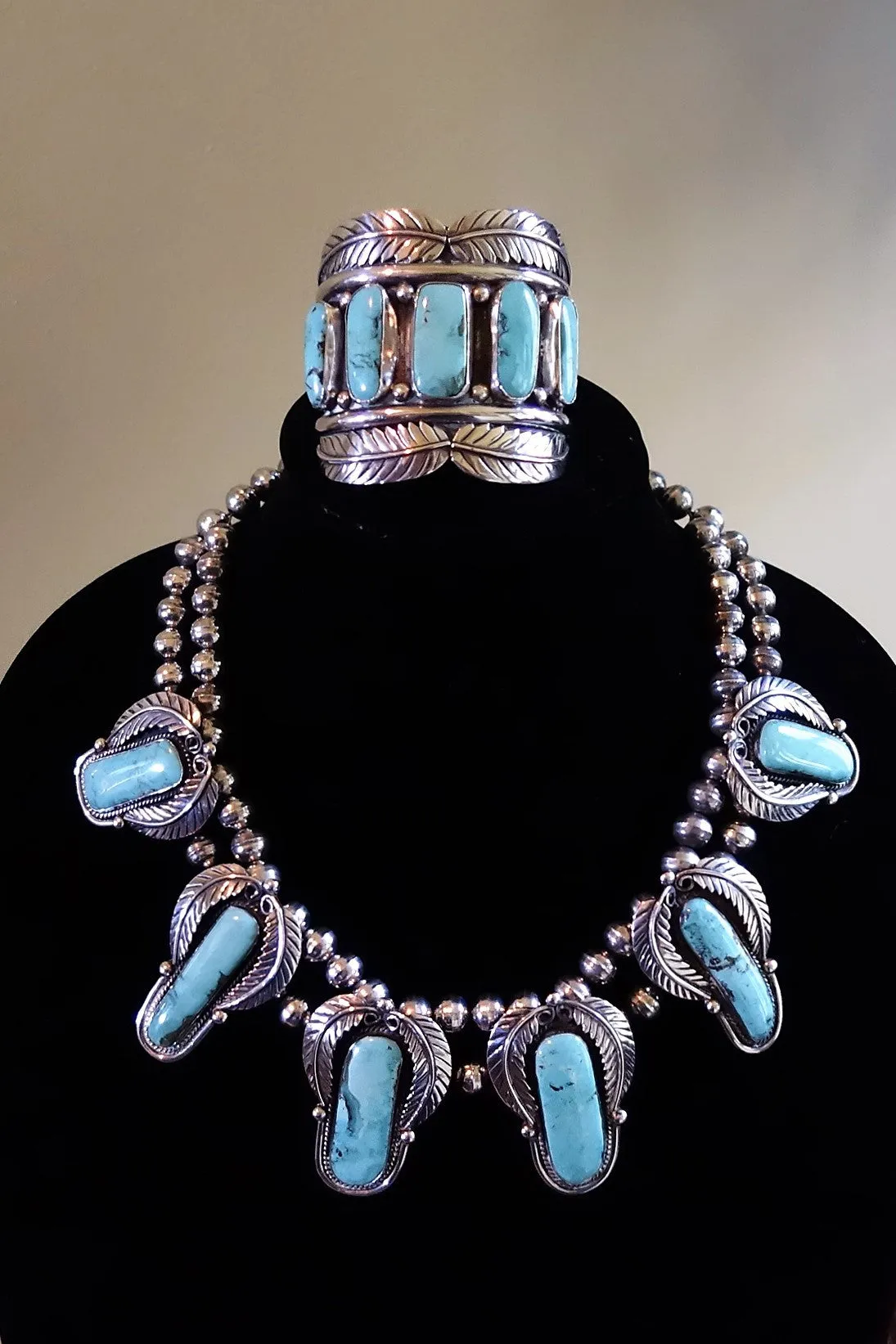 Navajo Antique Pawn Silver and Turquoise Necklace and Cuff Bracelet