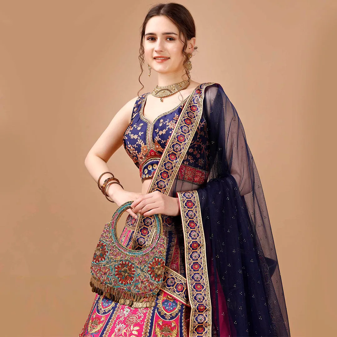 Navy Blue and Fuschia Pink Lehenga Set