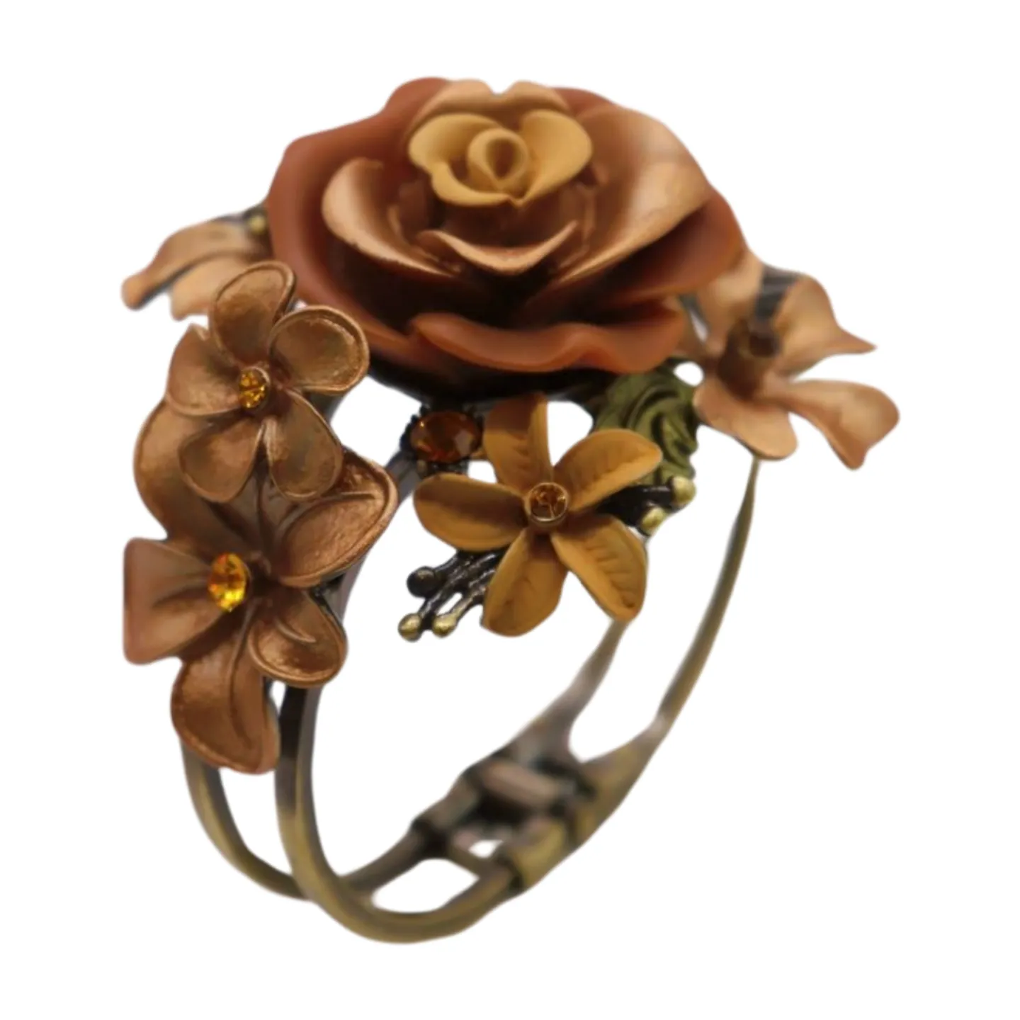New Women Gold Metal Beige Brown Rose Flowers Wrist Cuff Bracelet Fashion Jewelry