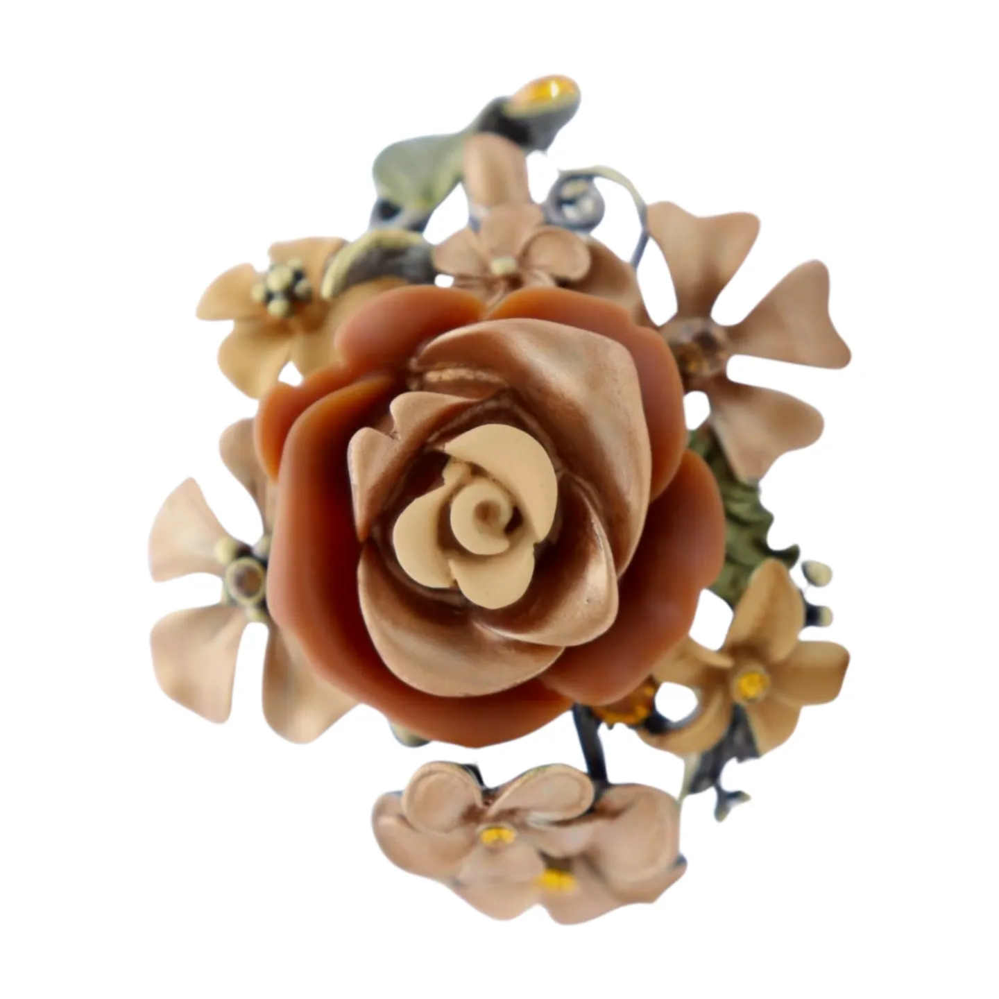 New Women Gold Metal Beige Brown Rose Flowers Wrist Cuff Bracelet Fashion Jewelry