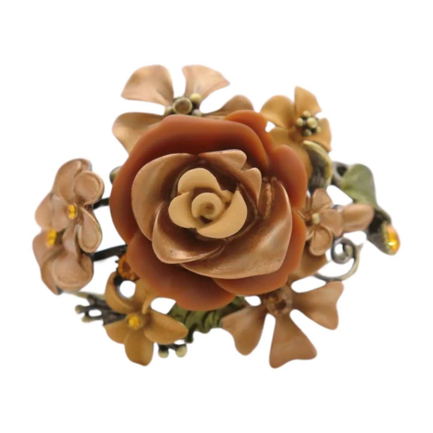 New Women Gold Metal Beige Brown Rose Flowers Wrist Cuff Bracelet Fashion Jewelry