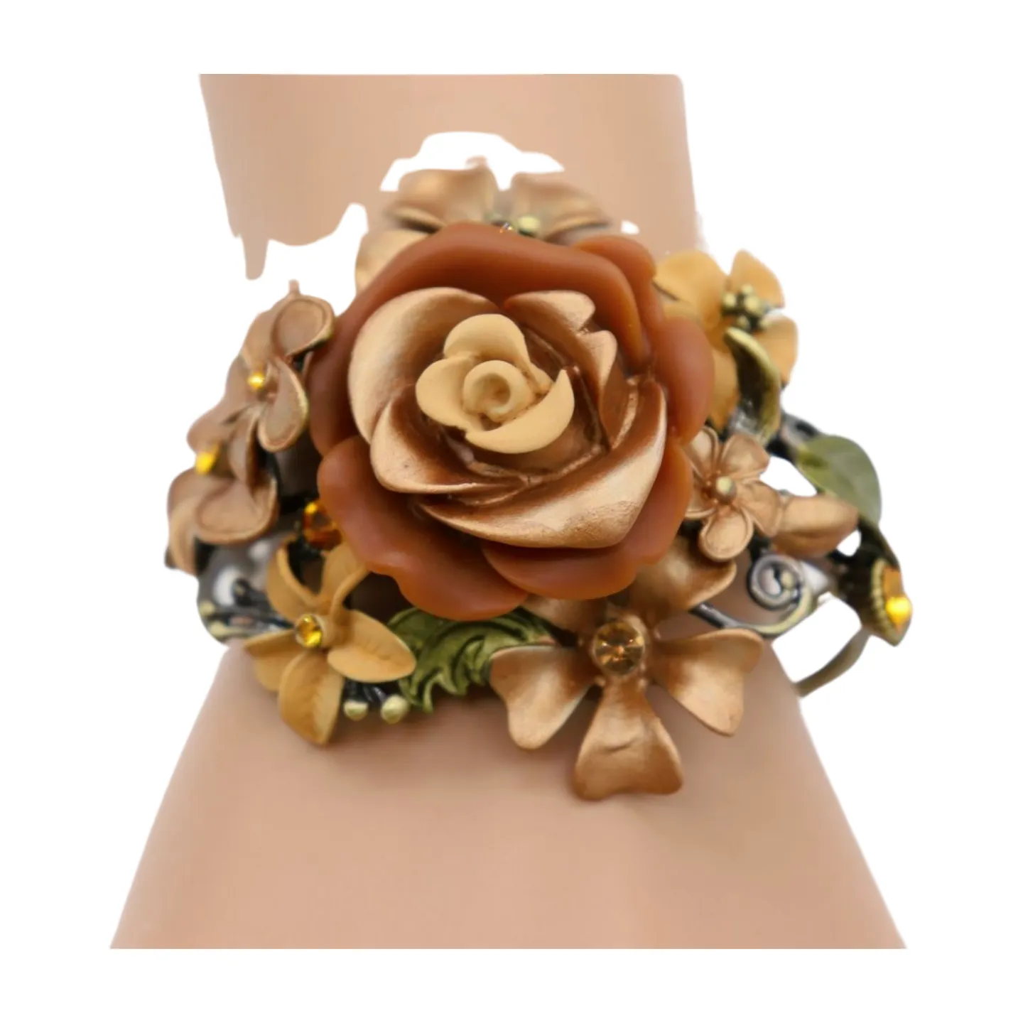 New Women Gold Metal Beige Brown Rose Flowers Wrist Cuff Bracelet Fashion Jewelry