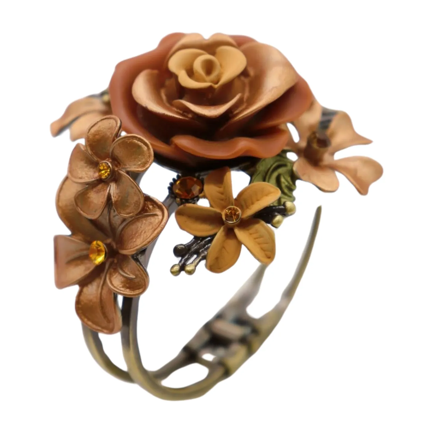 New Women Gold Metal Beige Brown Rose Flowers Wrist Cuff Bracelet Fashion Jewelry