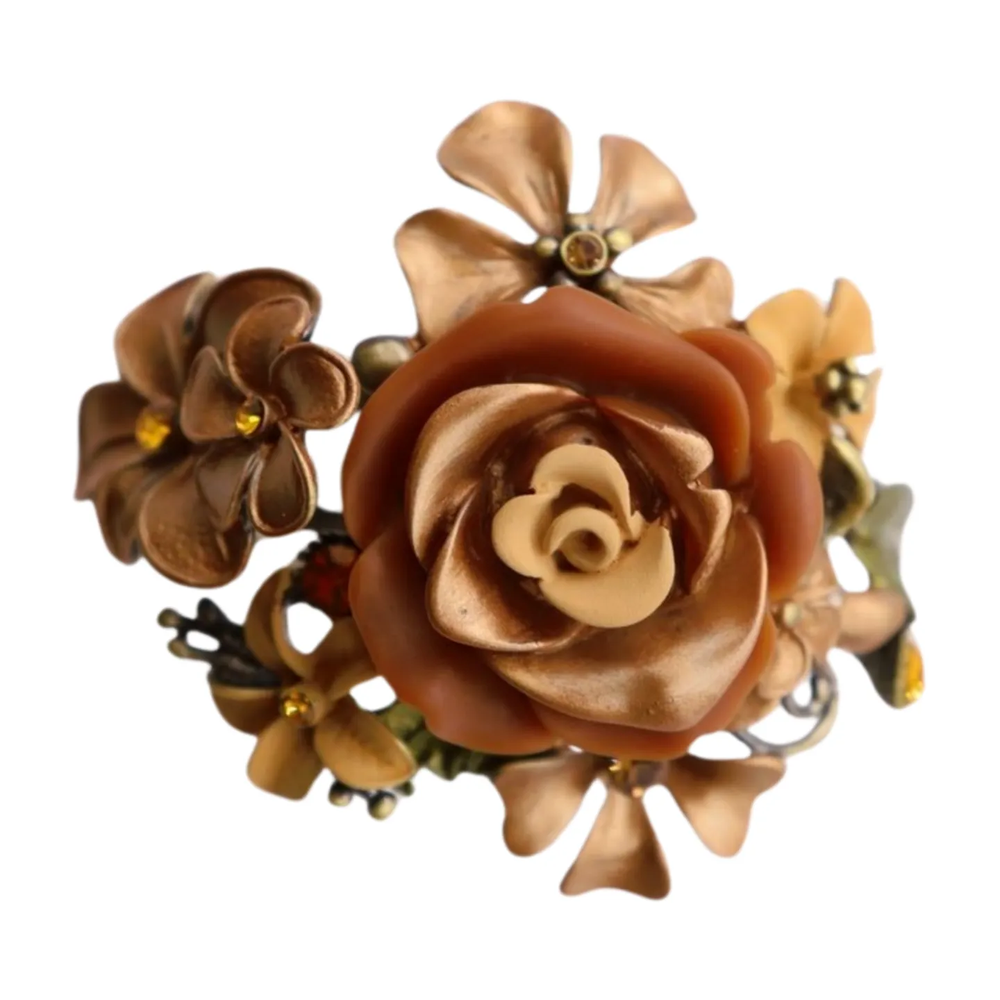 New Women Gold Metal Beige Brown Rose Flowers Wrist Cuff Bracelet Fashion Jewelry