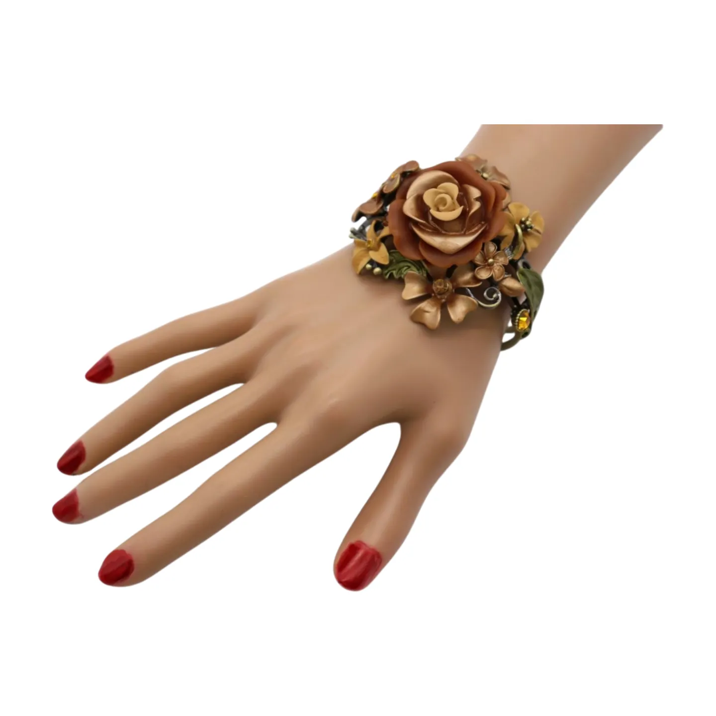 New Women Gold Metal Beige Brown Rose Flowers Wrist Cuff Bracelet Fashion Jewelry