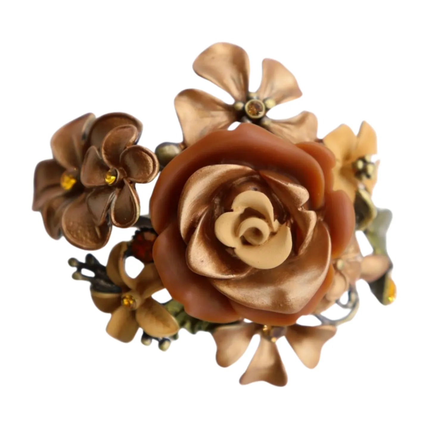 New Women Gold Metal Beige Brown Rose Flowers Wrist Cuff Bracelet Fashion Jewelry