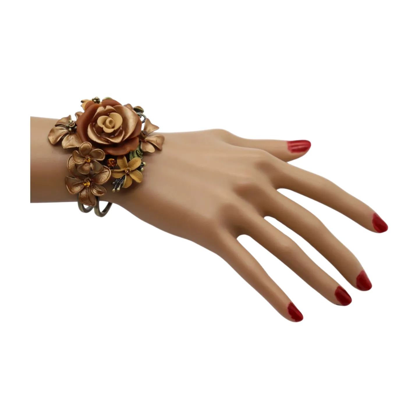 New Women Gold Metal Beige Brown Rose Flowers Wrist Cuff Bracelet Fashion Jewelry