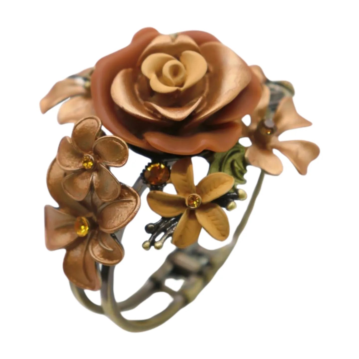 New Women Gold Metal Beige Brown Rose Flowers Wrist Cuff Bracelet Fashion Jewelry