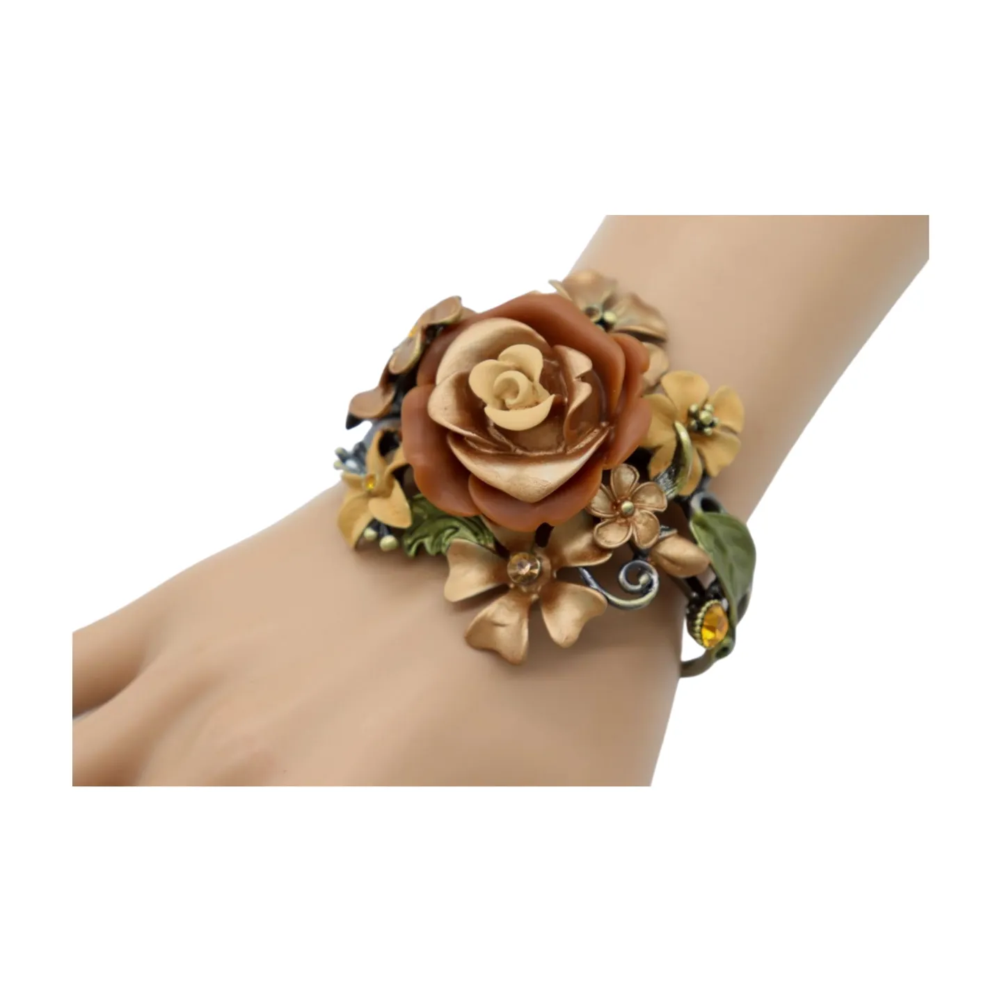 New Women Gold Metal Beige Brown Rose Flowers Wrist Cuff Bracelet Fashion Jewelry