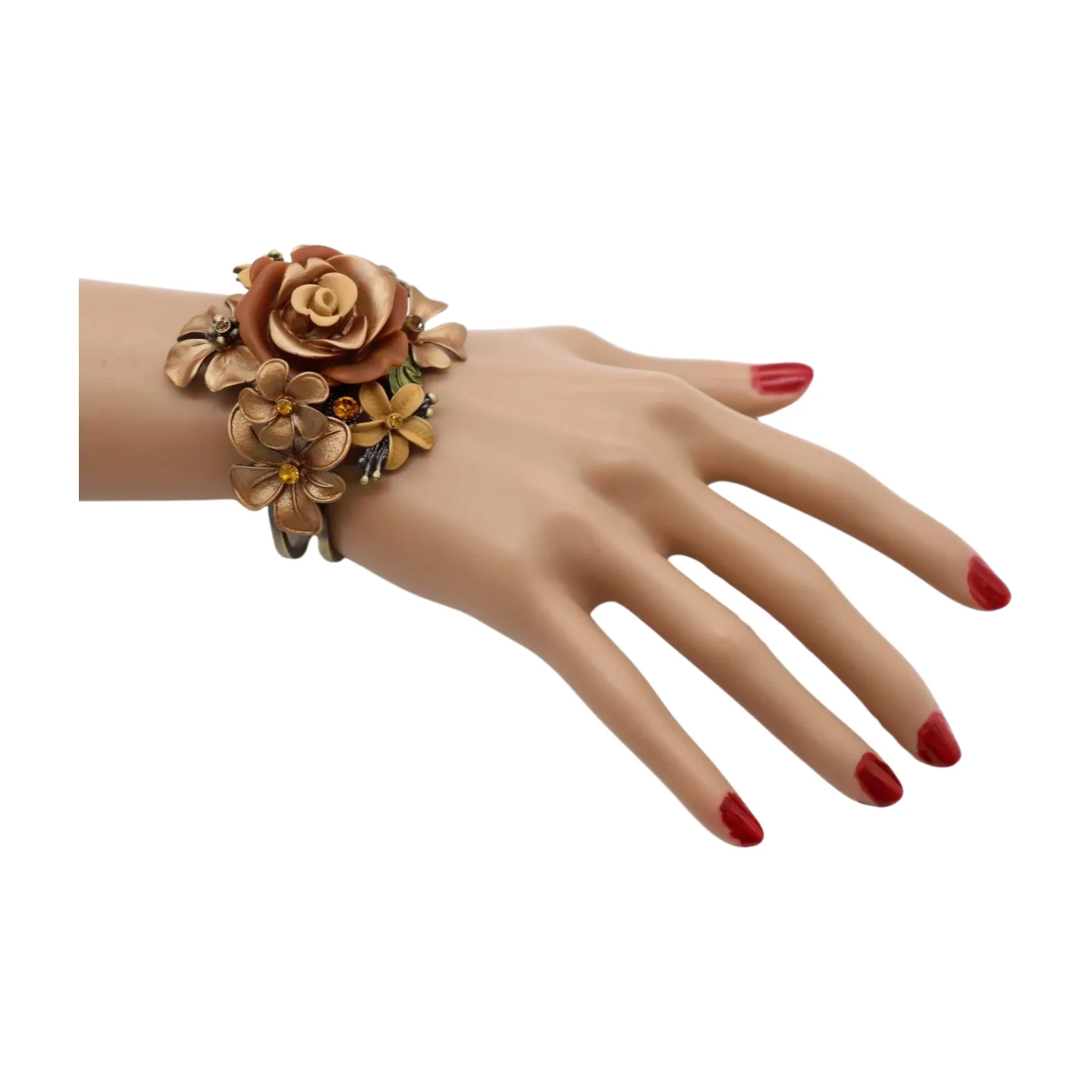 New Women Gold Metal Beige Brown Rose Flowers Wrist Cuff Bracelet Fashion Jewelry
