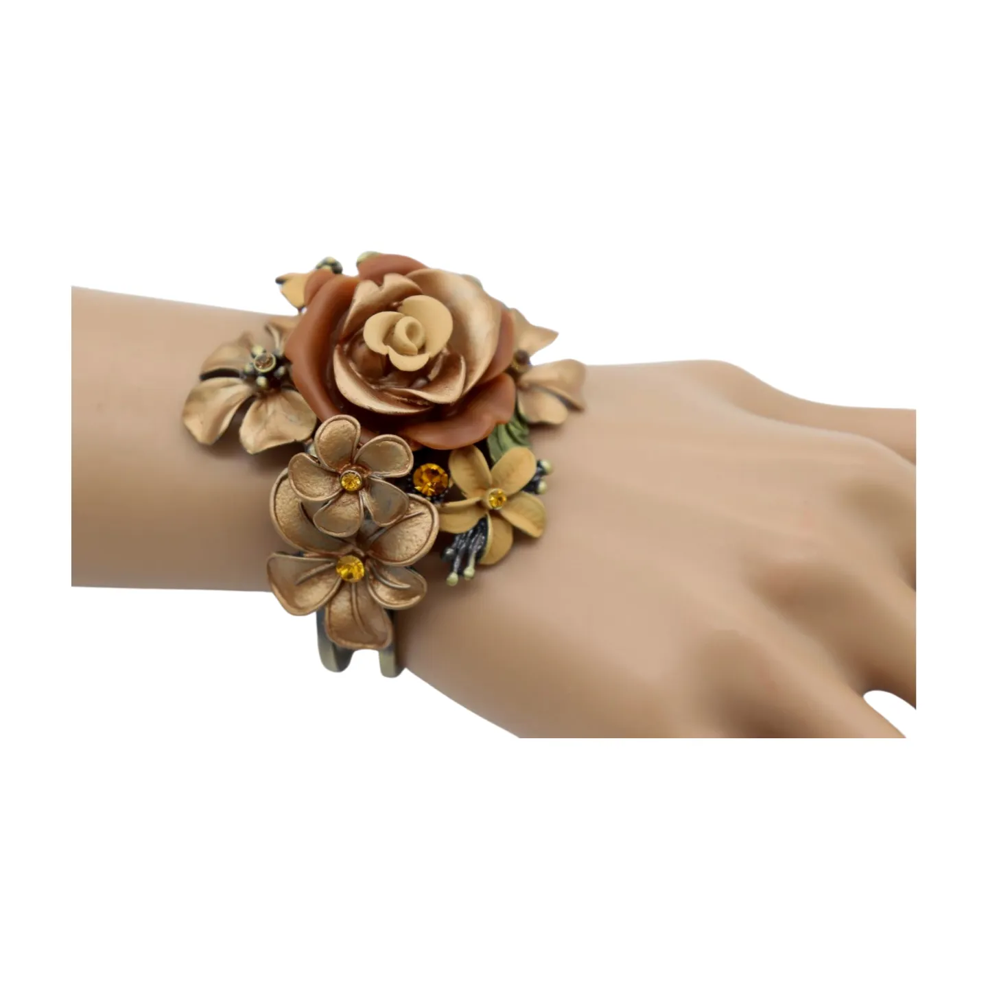 New Women Gold Metal Beige Brown Rose Flowers Wrist Cuff Bracelet Fashion Jewelry