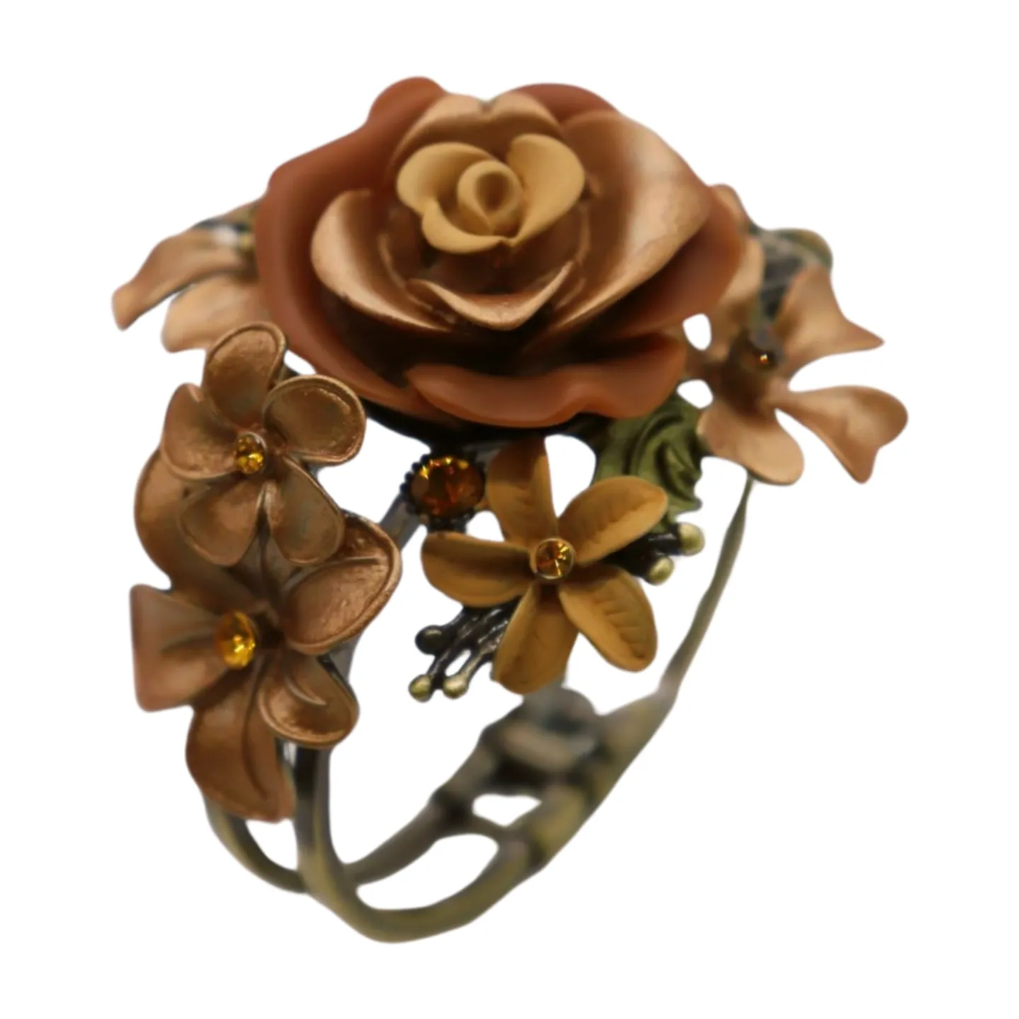 New Women Gold Metal Beige Brown Rose Flowers Wrist Cuff Bracelet Fashion Jewelry