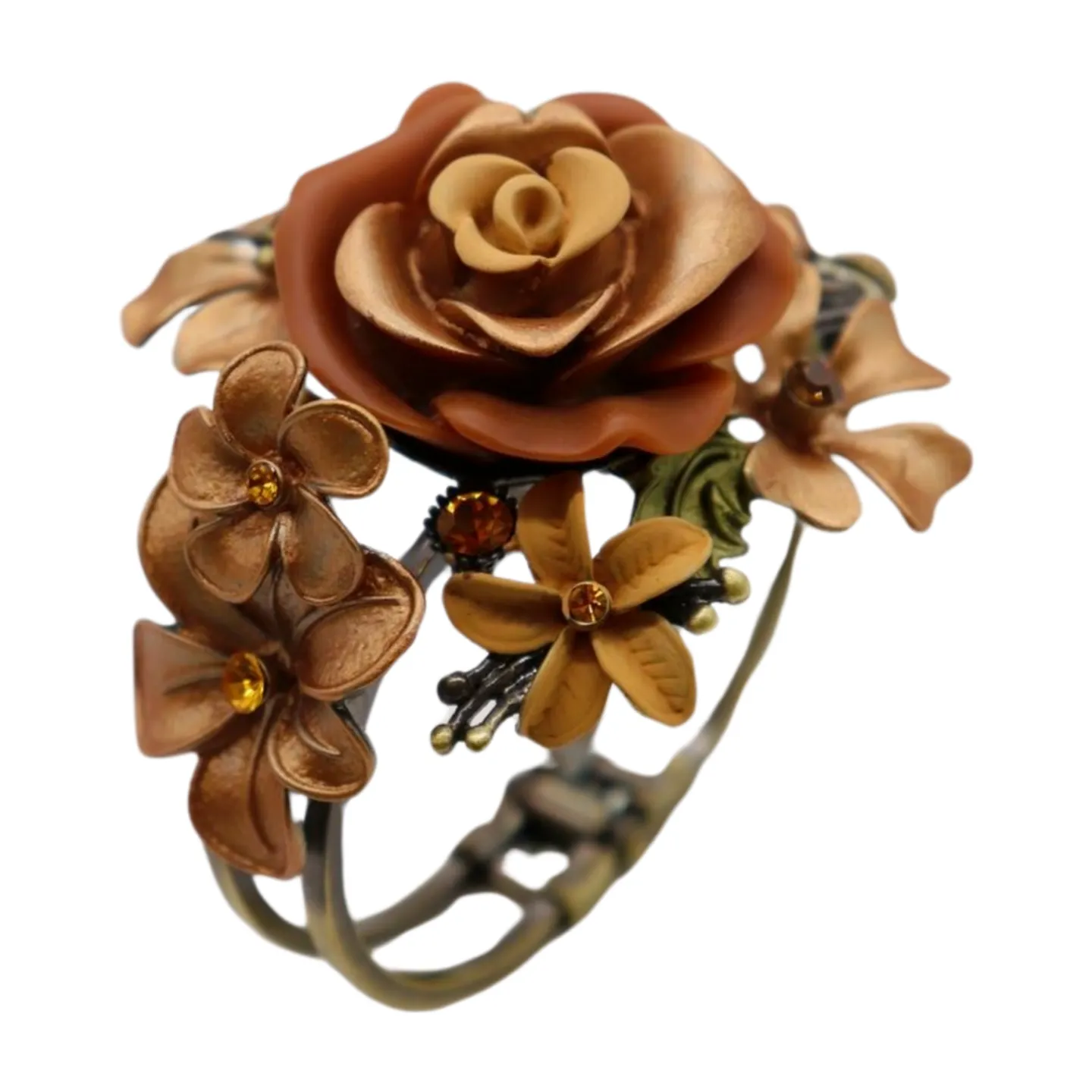 New Women Gold Metal Beige Brown Rose Flowers Wrist Cuff Bracelet Fashion Jewelry