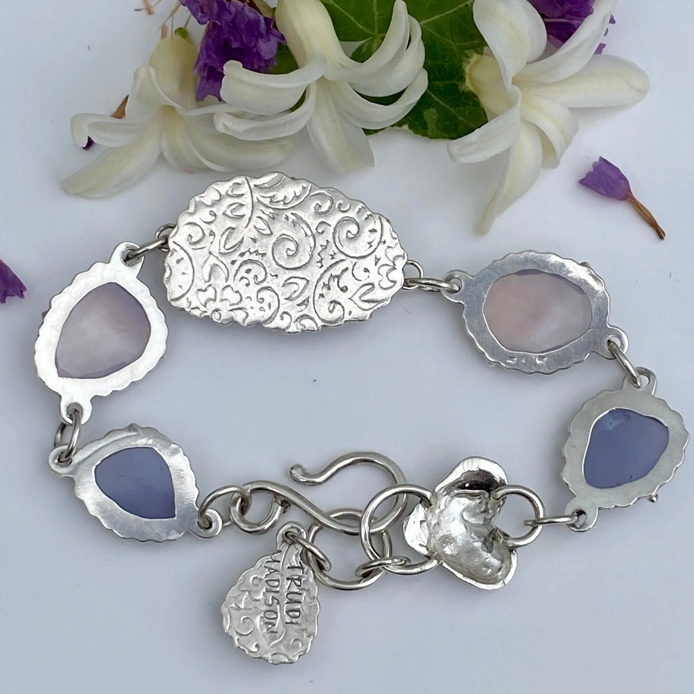 Opal ombré blue chalcedony, lavender quartz sterling silver bracelet