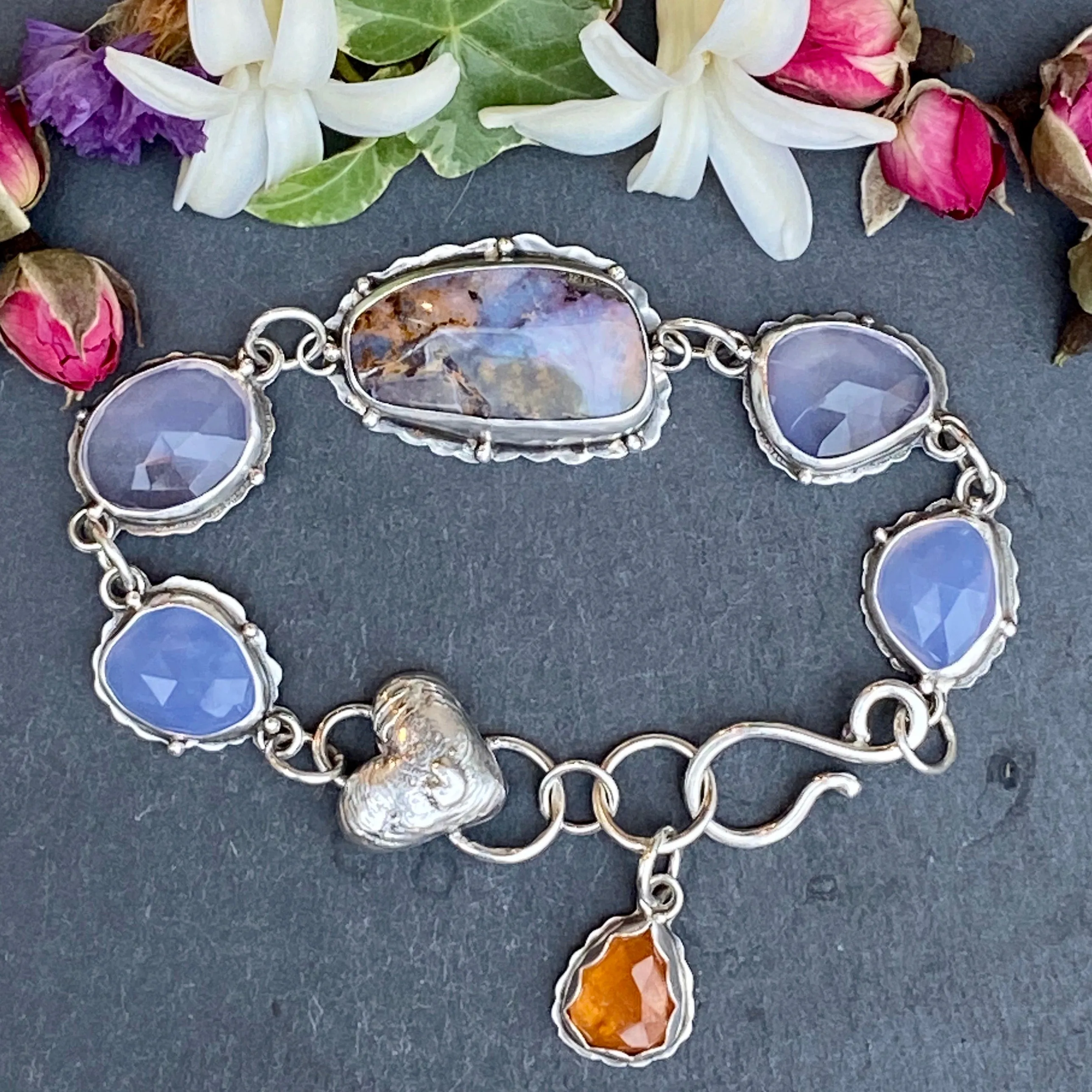 Opal ombré blue chalcedony, lavender quartz sterling silver bracelet