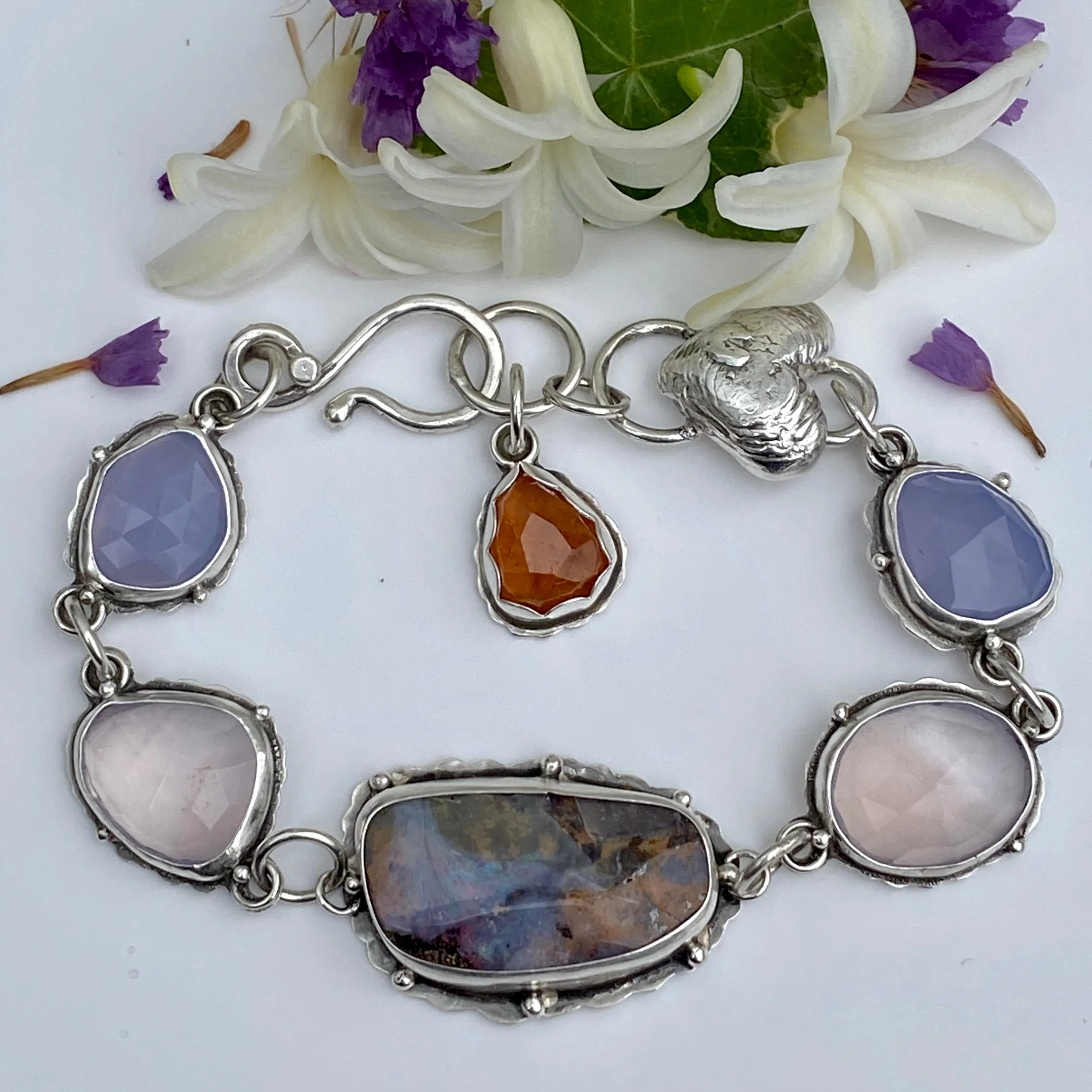 Opal ombré blue chalcedony, lavender quartz sterling silver bracelet