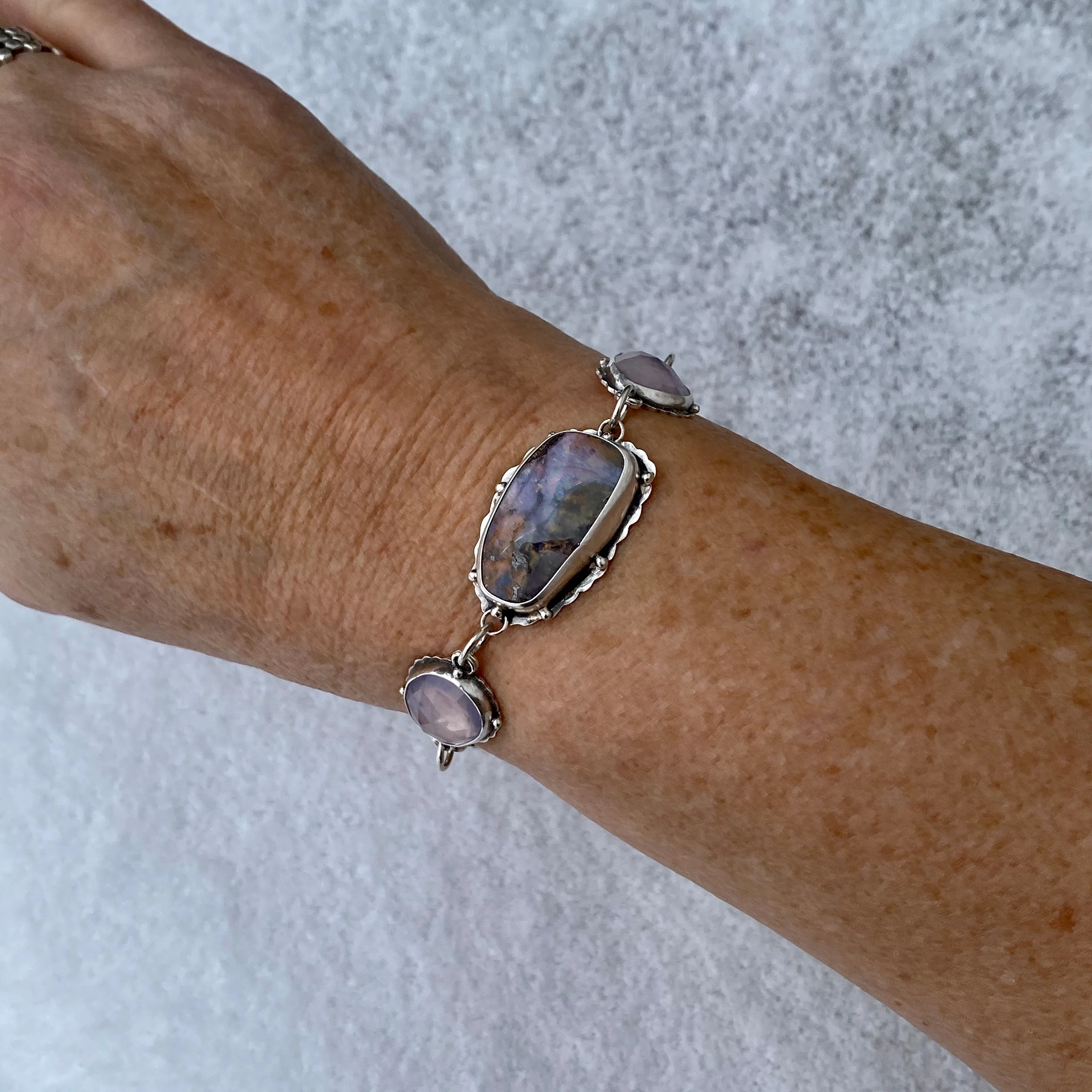 Opal ombré blue chalcedony, lavender quartz sterling silver bracelet